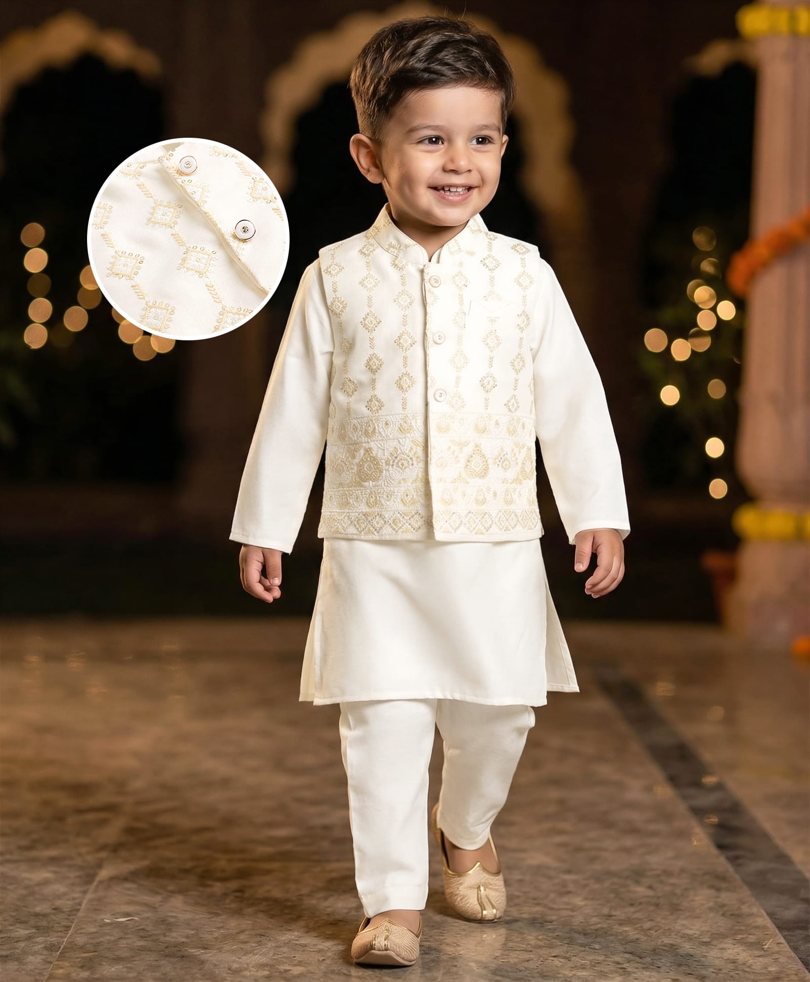 Babyhug Cotton Blend Woven Solid Kurta Pyjama Set With Embroidered & Sequinned Jacket - OffWhite-image-36