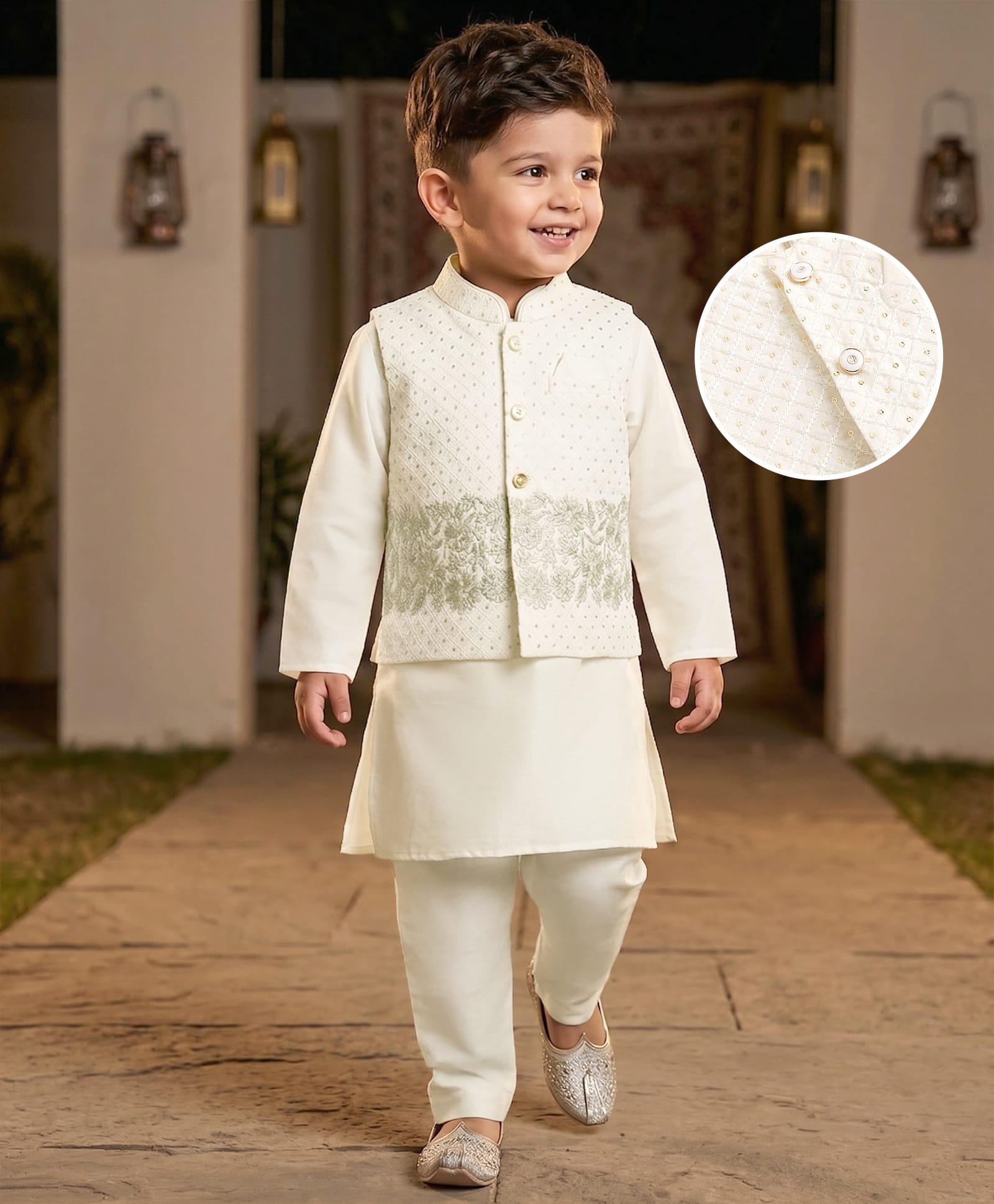 Babyhug Cotton Blend Woven Full Sleeves Solid Kurta Pyjama Set With Floral Embroidered & Sequinned Jacket- OffWhite-picture-18