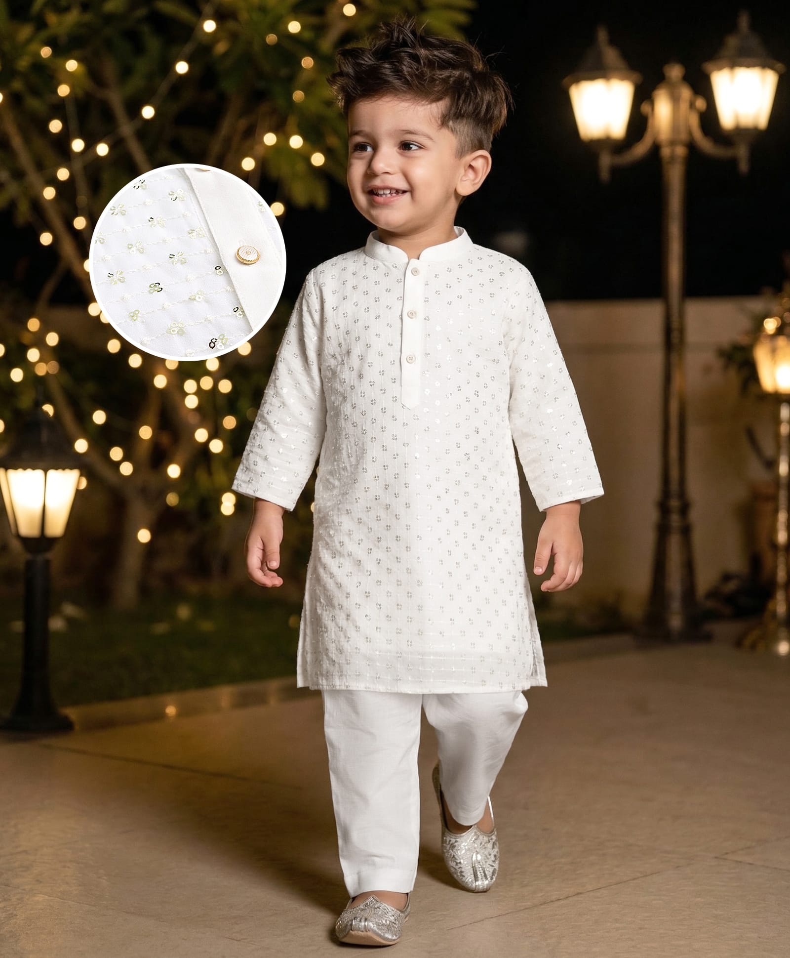 Babyhug Cotton Blend Woven Full Sleeves Kurta Pajama Set with Sequin Embroidery - White-image-45