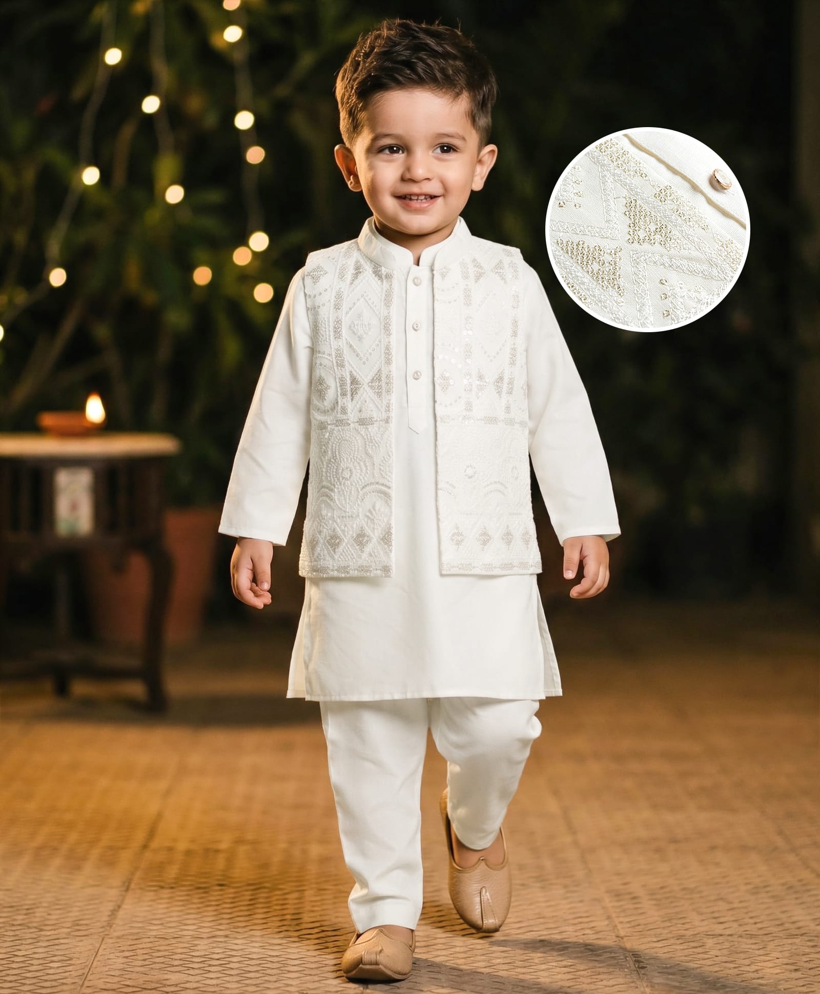 Babyhug Cotton Blend Woven Full Sleeves Solid Kurta Pyjama Set With Embroidered & Sequinned Jacket - OffWhite-picture-16