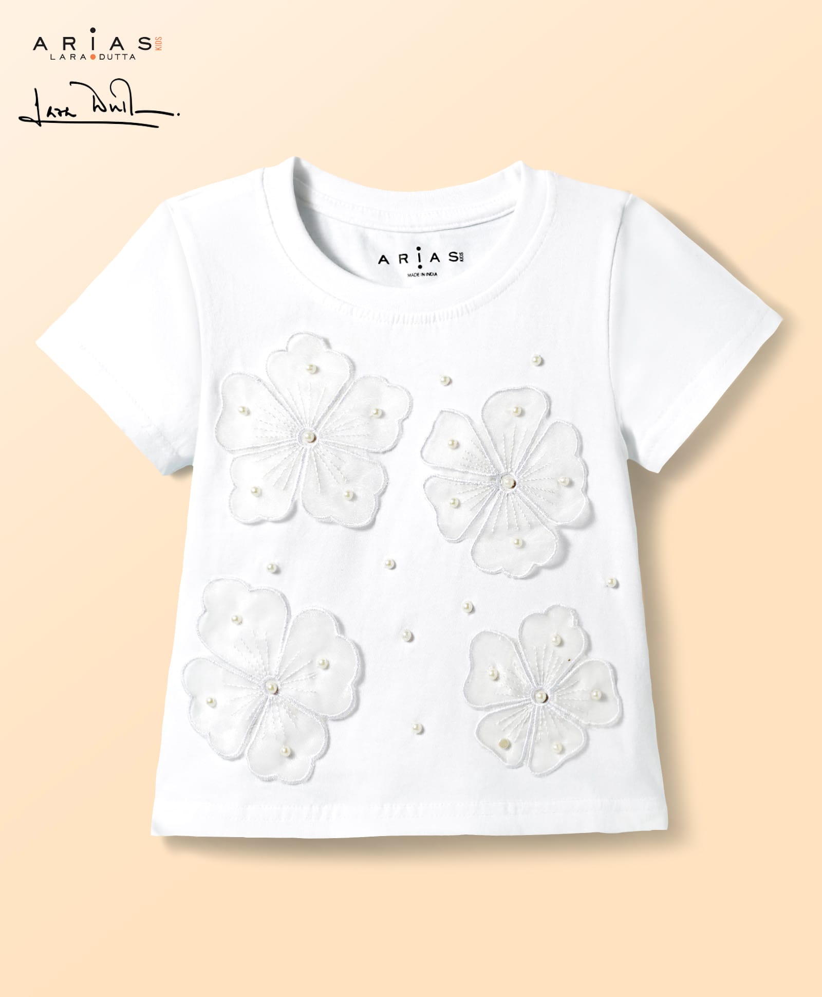 Arias 100% Cotton Knit Half Sleeves T-Shirt With Floral Embroidery - White