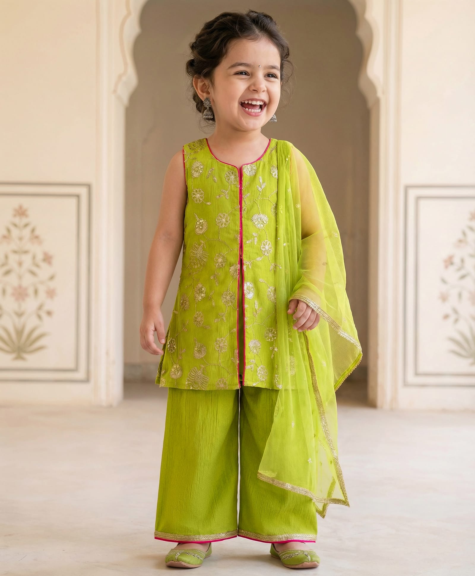 Babyhug Woven Sleeveless Kurti Palazzo Set with Dupatta & Sequin Detailing - Green