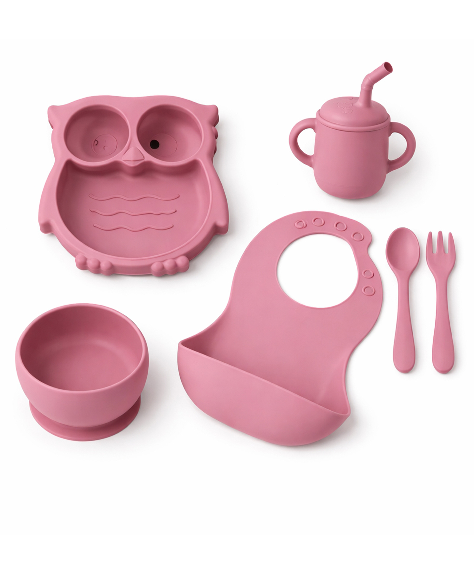 HONOR YOUR HOME 6 Pcs Silicone Baby Feeding Set, BPA Free & Microwave Safe Dinner Tableware Kit - Feeding Bowl, Suction Plate, Cup, Spoon, Fork & Bib for Kids (Pink)-image-22