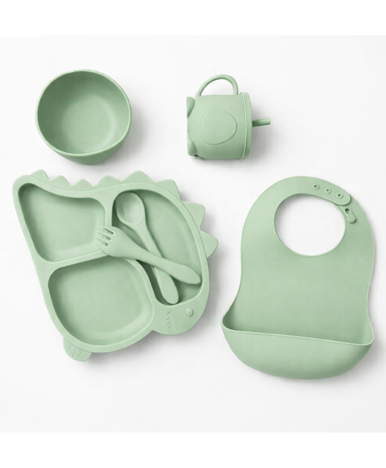 HONOR YOUR HOME 6 Pcs Silicone Baby Feeding Set, BPA Free & Microwave Safe Dinner Tableware Kit - Feeding Bowl, Suction Plate, Cup, Spoon, Fork & Bib for Kids (Green)-image-33