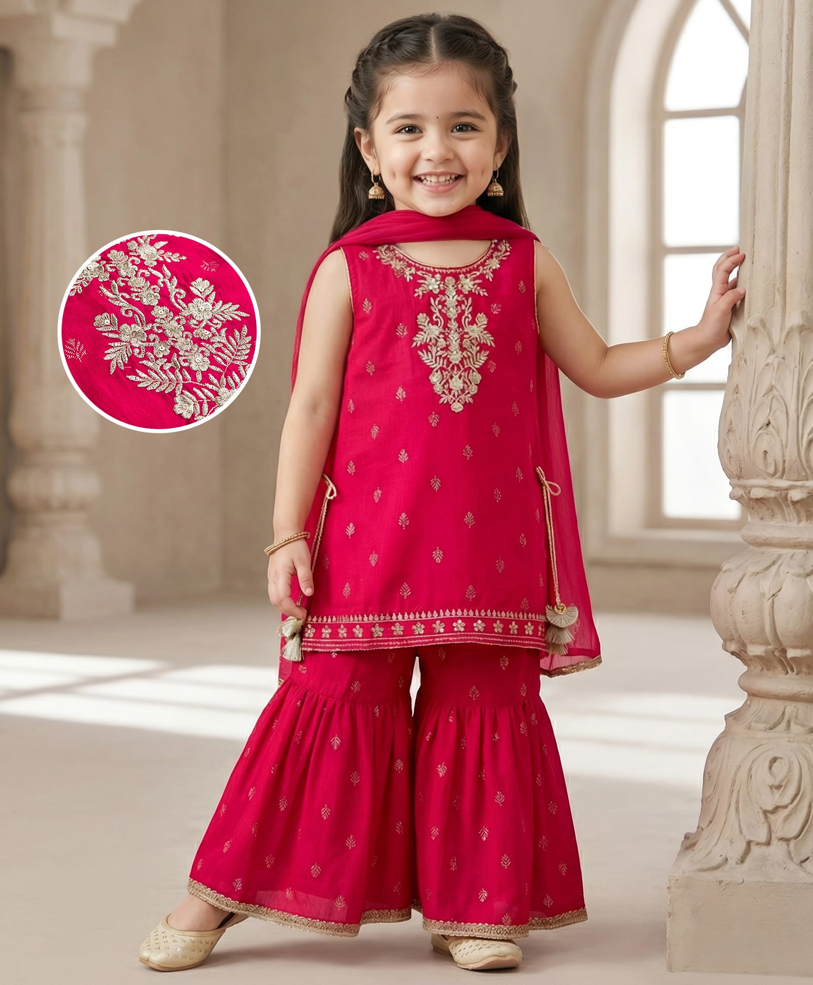 Babyhug Cotton Blend Woven Sleeveless Kurti Gharara Set with Dupatta & Floral Embroidery - Fuchsia