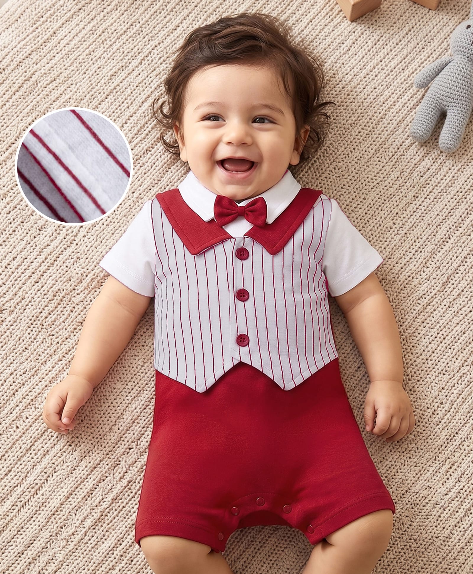 Mark & Mia Cotton Knit Half Sleeves Party Romper With Attached Striped Waistcoat & Bow Applique - Multicolor-picture-24