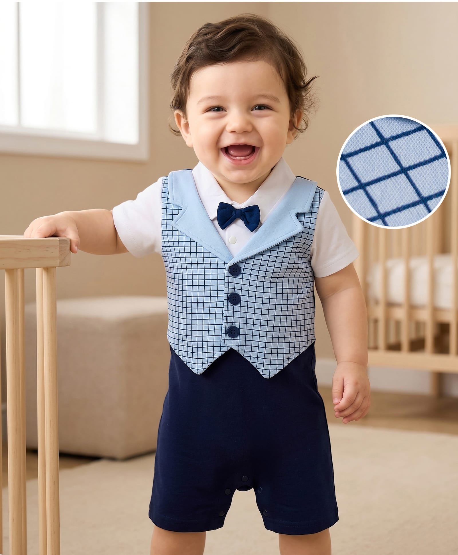 Mark & Mia Cotton Knit Half Sleeves Party Romper With Attached Checks Waistcoat & Bow Applique - Multicolor-picture-21