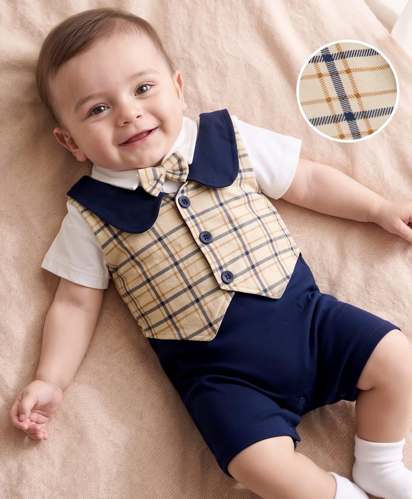Mark & Mia Cotton Knit Half Sleeves Checks Party Romper With Bow Applique - Multicolor-picture-14
