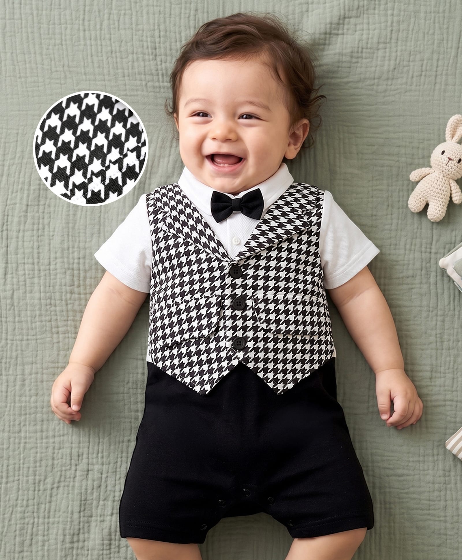 Mark & Mia Cotton Knit Half Sleeves Checkered Party Romper with Lapel & Bow Detailing - Multicolour-picture-27