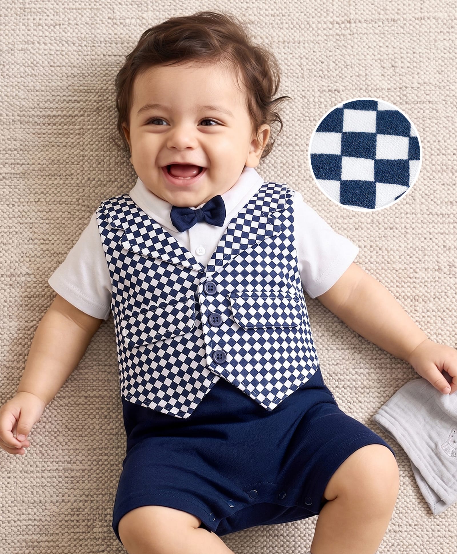 Mark & Mia Cotton Knit Half Sleeves Checks Party Romper With Bow Applique - Multicolor-picture-22