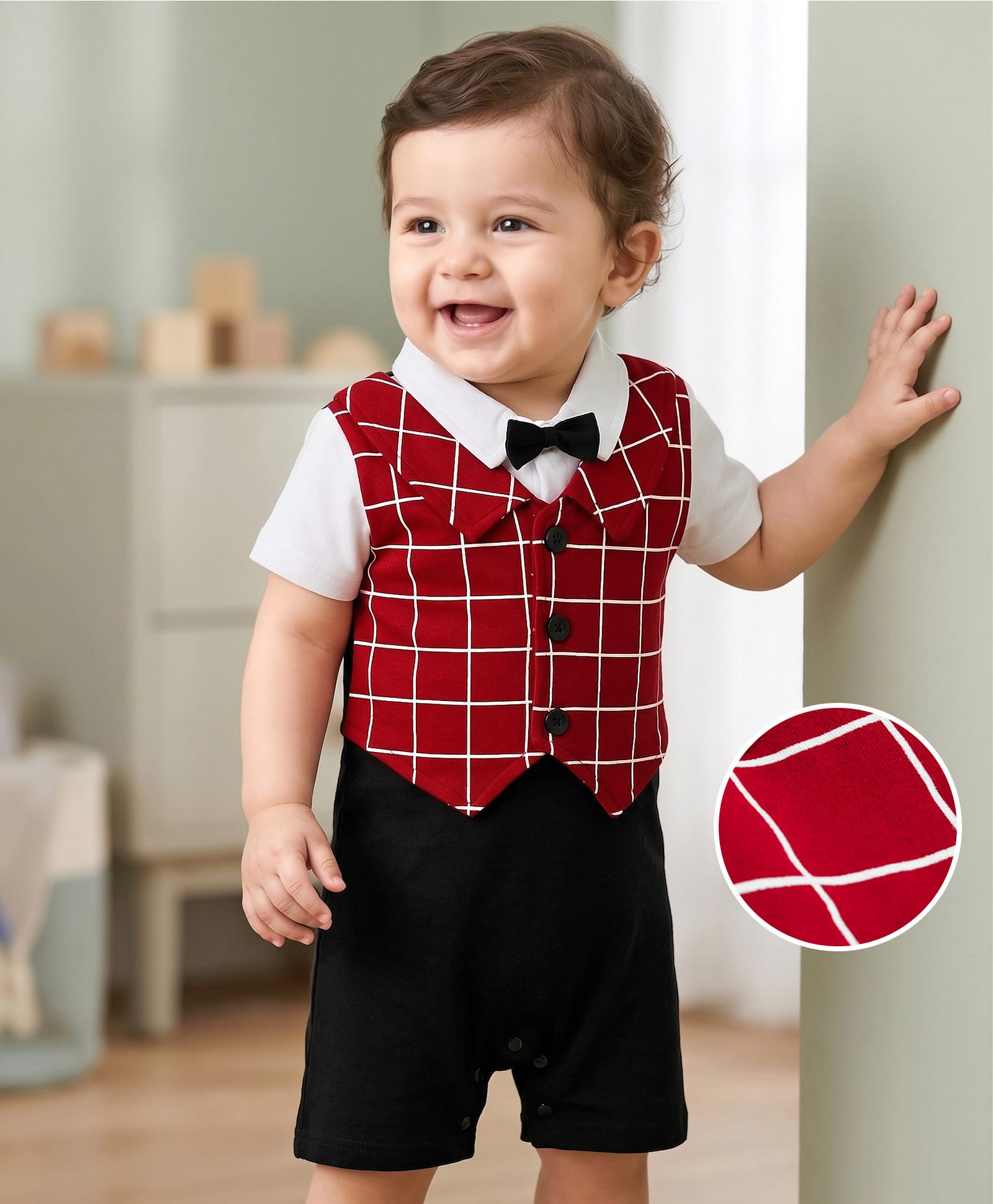 Mark & Mia Cotton Knit Half Sleeves Party Romper With Attached Checks Waistcoat & Bow Applique - Multicolor-picture-11
