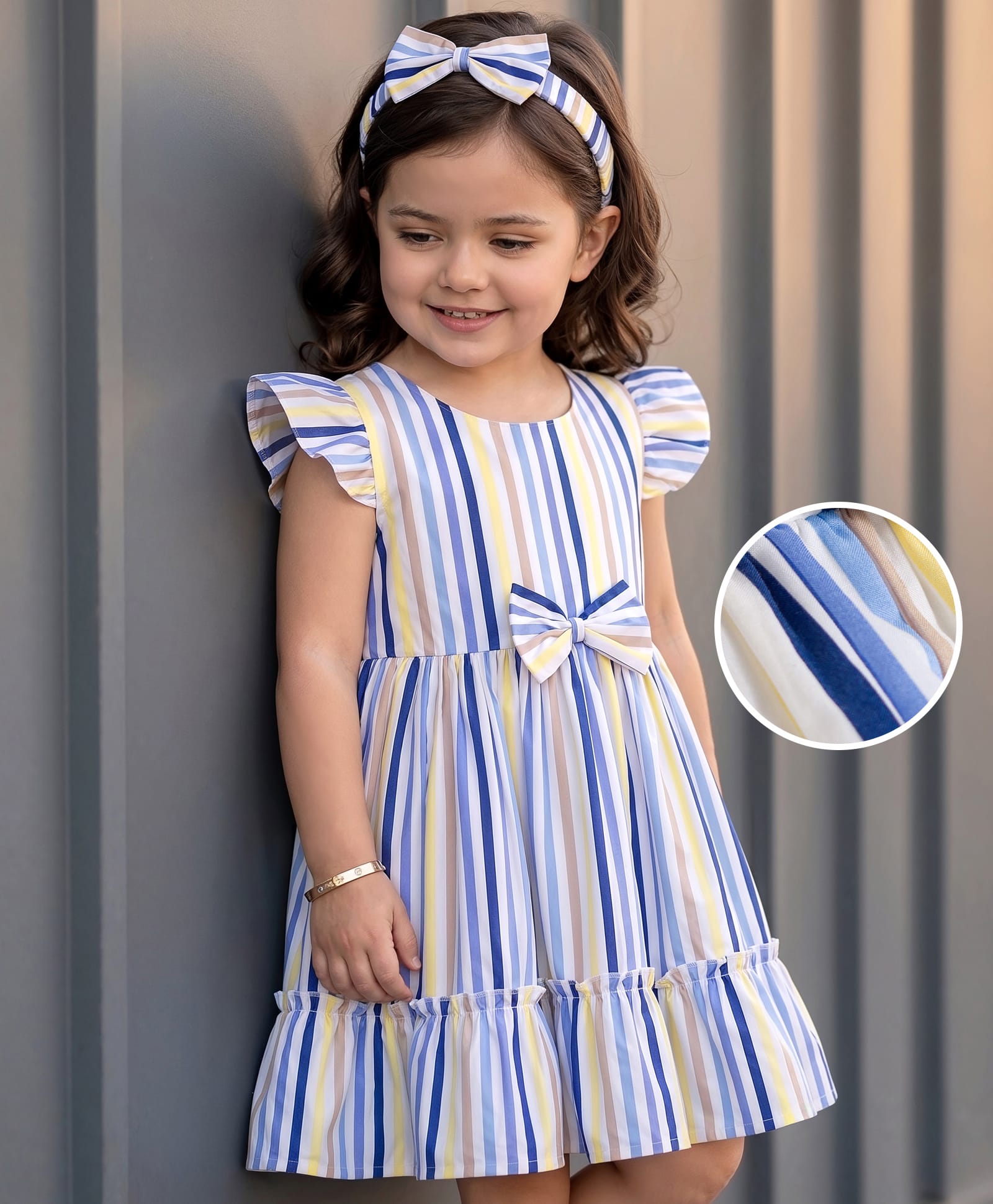 Mark & Mia Cotton Woven Half Sleeves Striped Frock With Bow Applique & Headband - Multicolour-picture-38