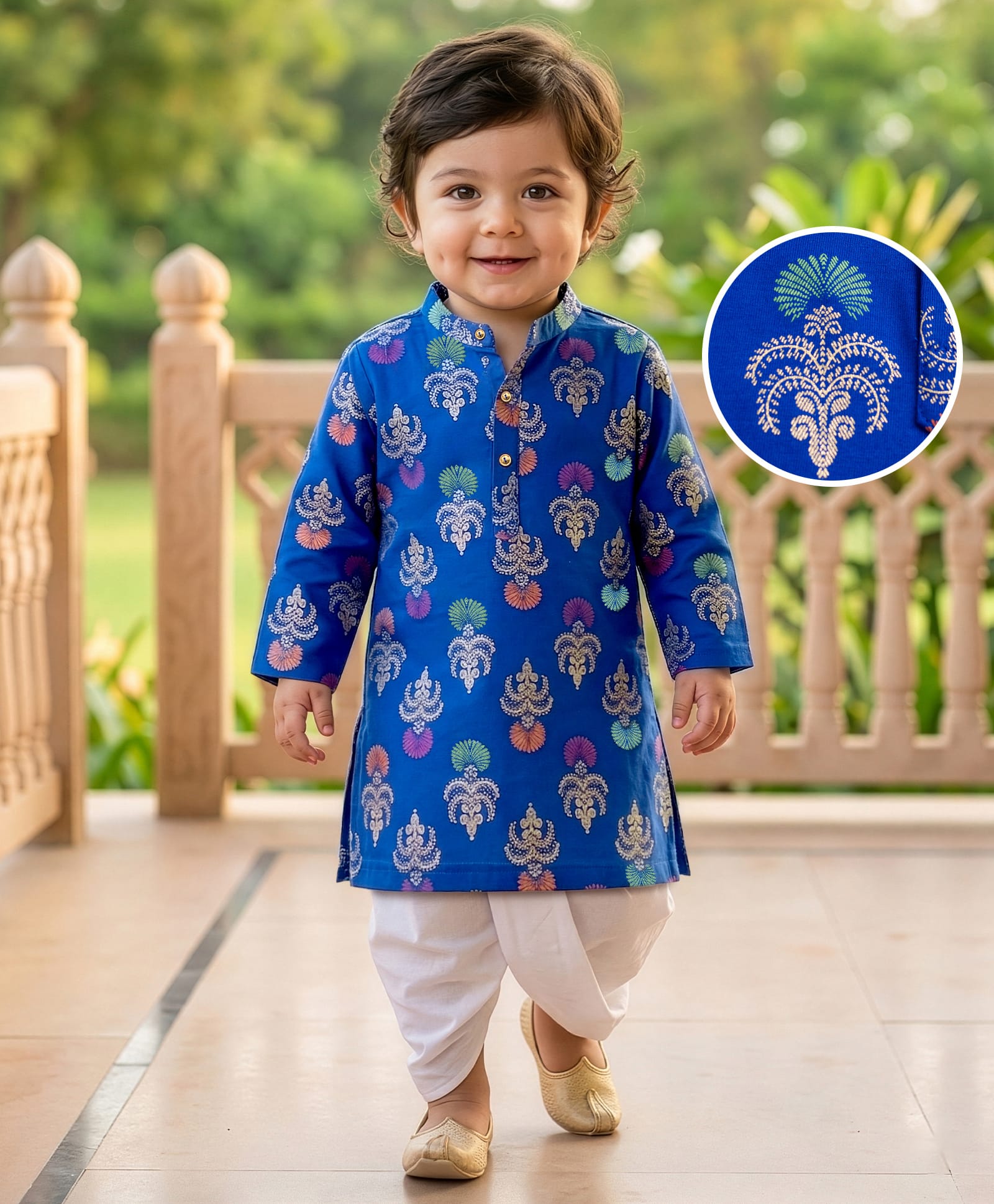 EARTHY TOUCH Cotton Jersey Knit Full Sleeves Kurta Dhoti Set with Motif Print- Blue-picture-18