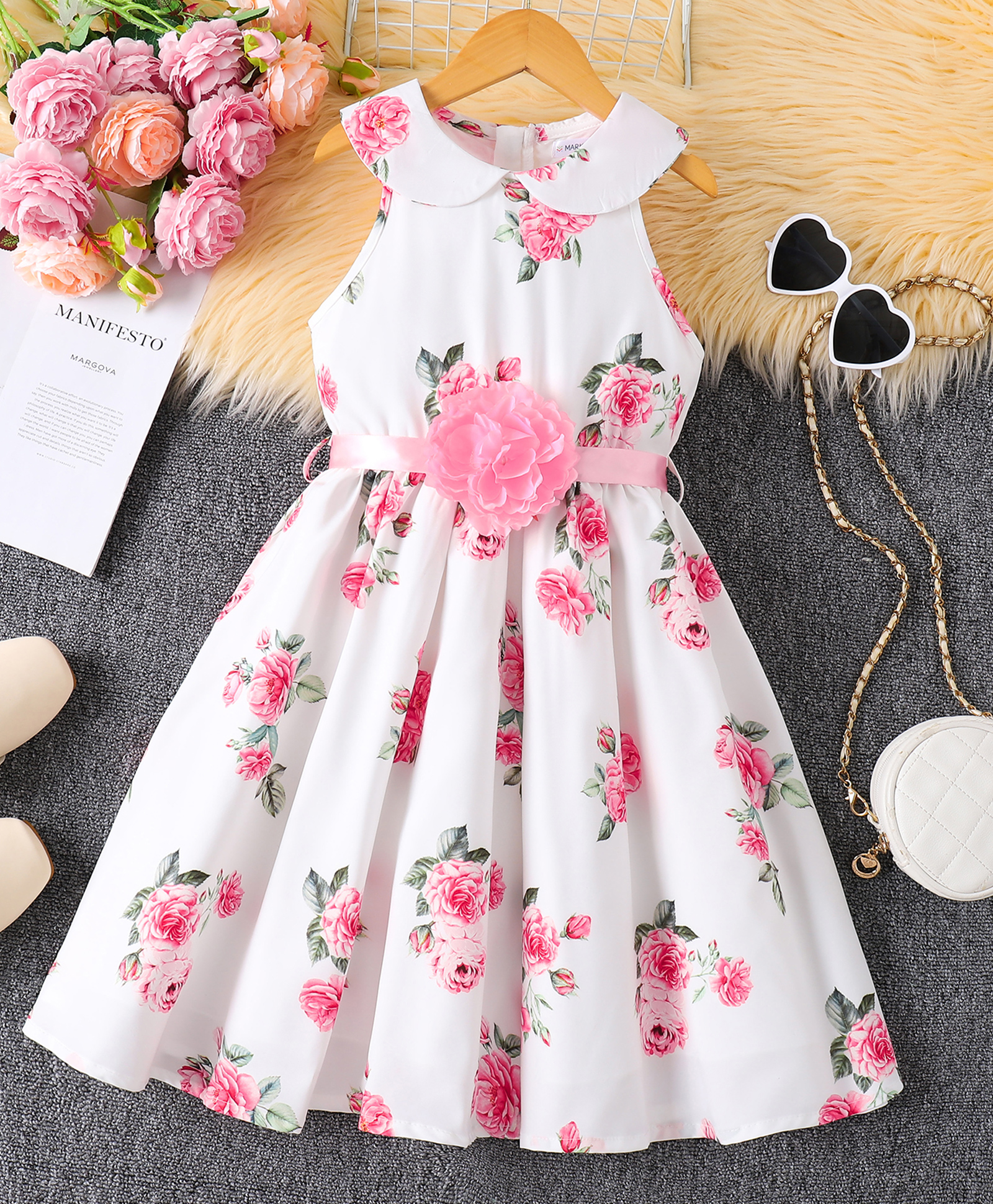 Mark & Mia Sleeveless Floral Printed Frock With Floral Applique - Pink-image-36