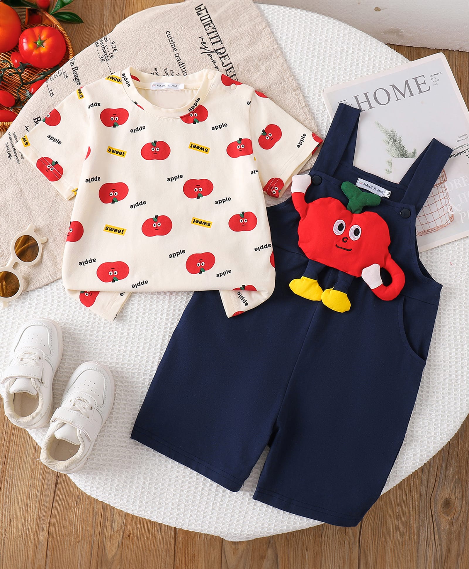 Mark & Mia Cotton Dungaree with Half Sleeves Inner Tee Apple Print & Applique - Navy Blue-image-41