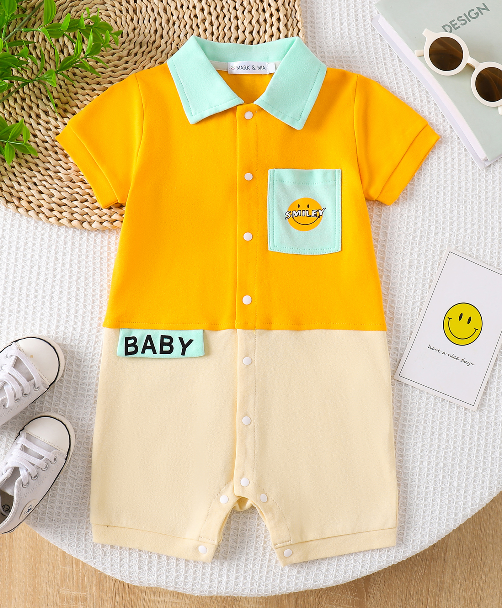 Mark & Mia Cotton Half Sleeves Romper with Baby Print - Yellow-image-43