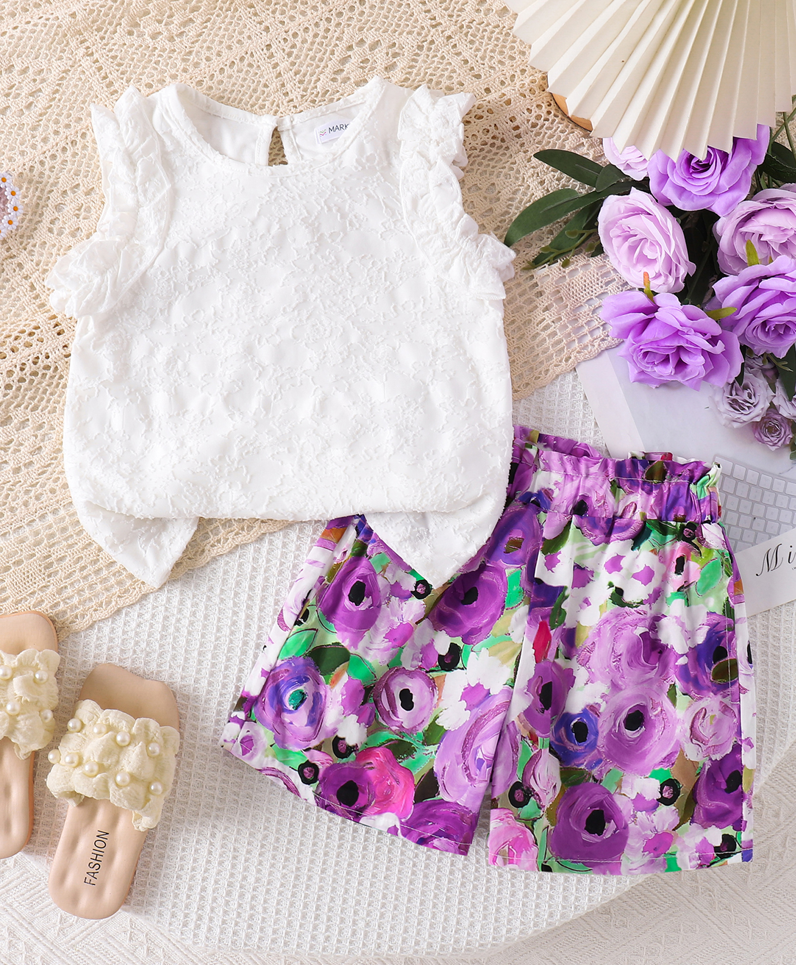 Mark & Mia Sleeveless Top & Skirt Set With Floral Print - White-image-48