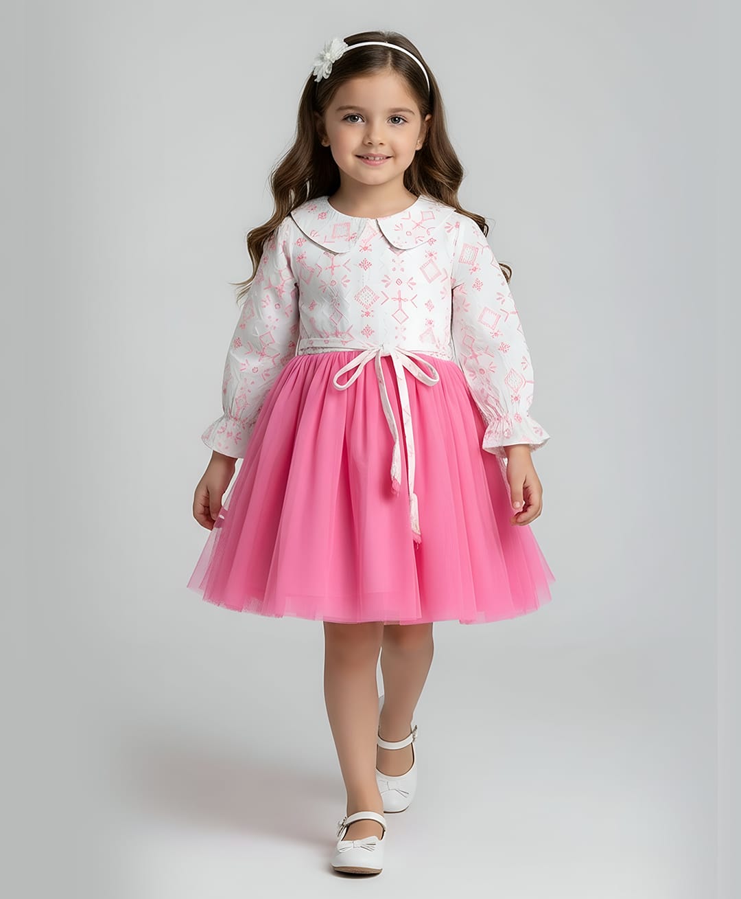Bella Moda Net Woven Full Sleeves Abstract Embroidered Peter Pan Collar Dress - Pink-image-14