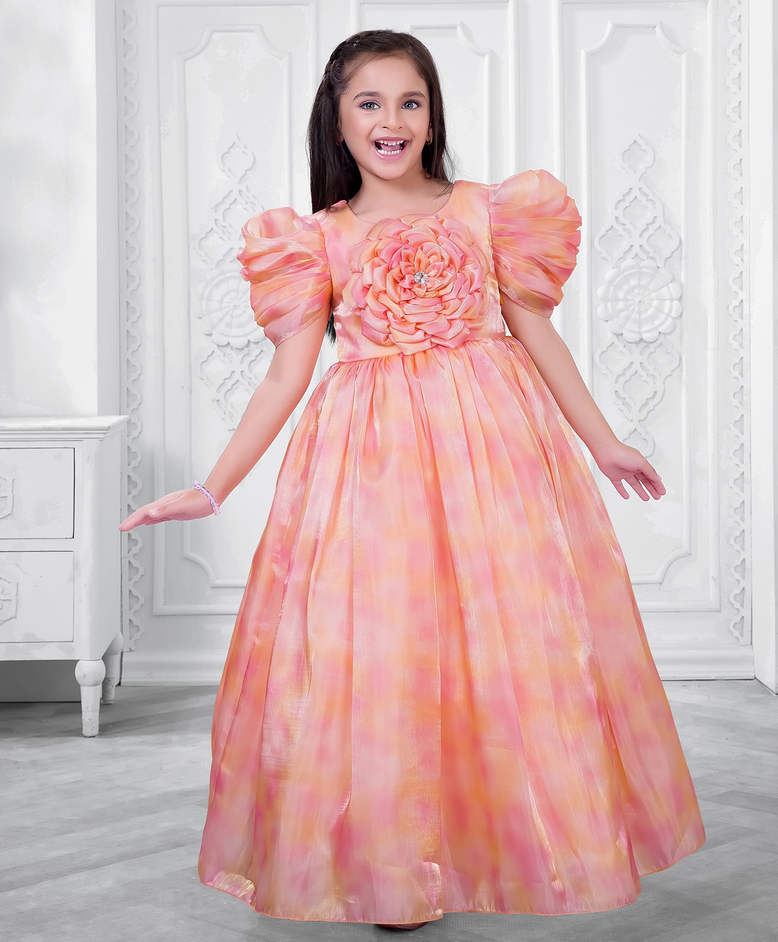 Ministitch Satin Woven Half Puffed Sleeves Floral Applique Detailed & Stone Embellished Gown - Orange-image-46
