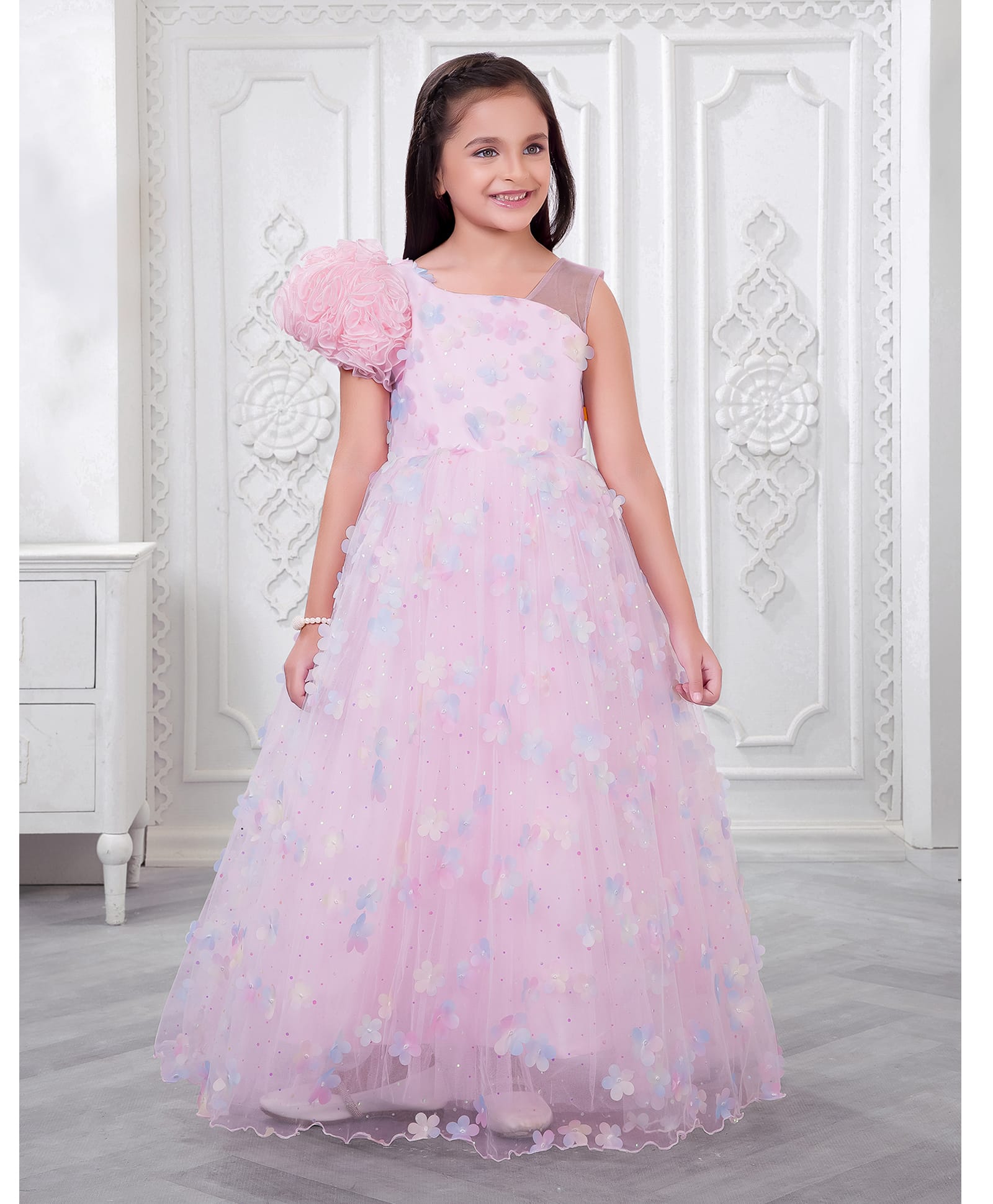 Ministitch Organza Woven Sleeveless Floral & Glitter Applique Detailed Gown - Baby Pink-picture-19