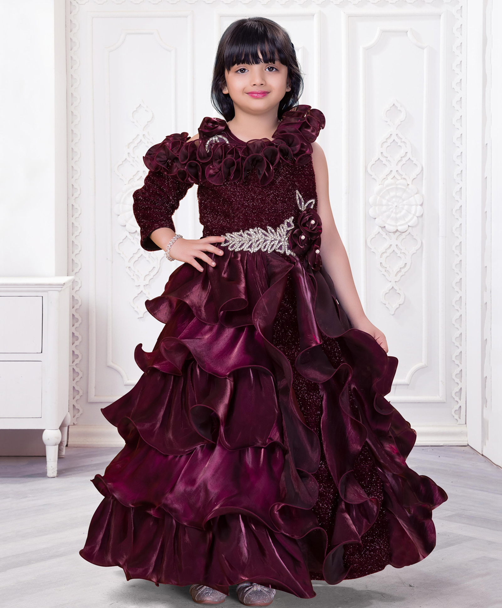 Ministitch Organza Woven Three Fourth Sleeves Shimmer & Stone Embellished & Ruffle Detailed Layered Dress - Wine-image-22
