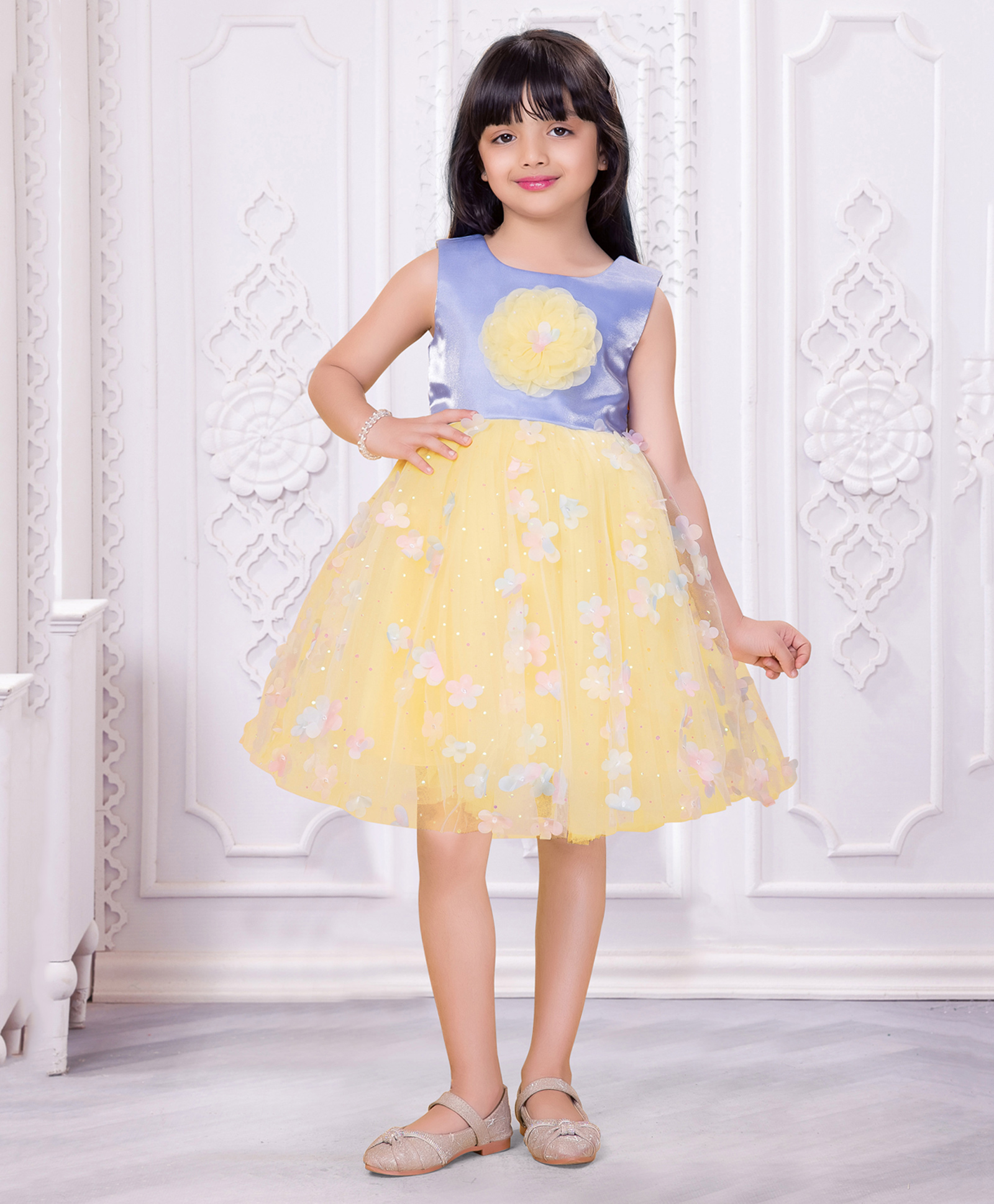 Ministitch Organza Woven Sleeveless Stone Embellished Floral Applique Detailed Dress - Yellow-picture-1