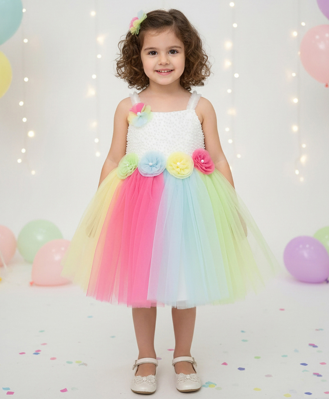 Ministitch Net Woven Sleeveless Pearl Embellished Floral Applique Detailed Dress - Multi Colour