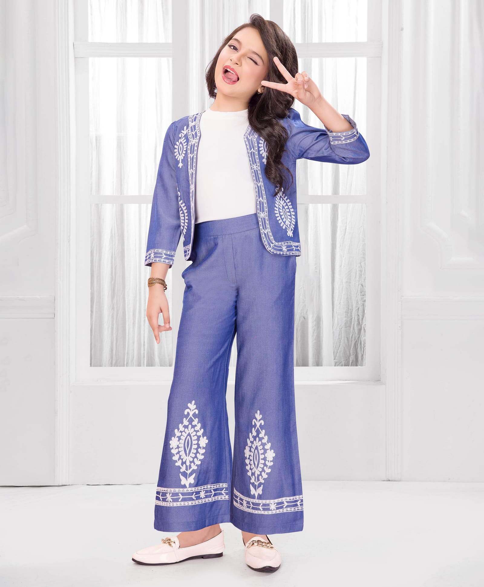 Ministitch Cotton Woven Three Fourth Sleeves Solid Top & Pant With Abstract Embroidered Jacket Set - Blue-image-47