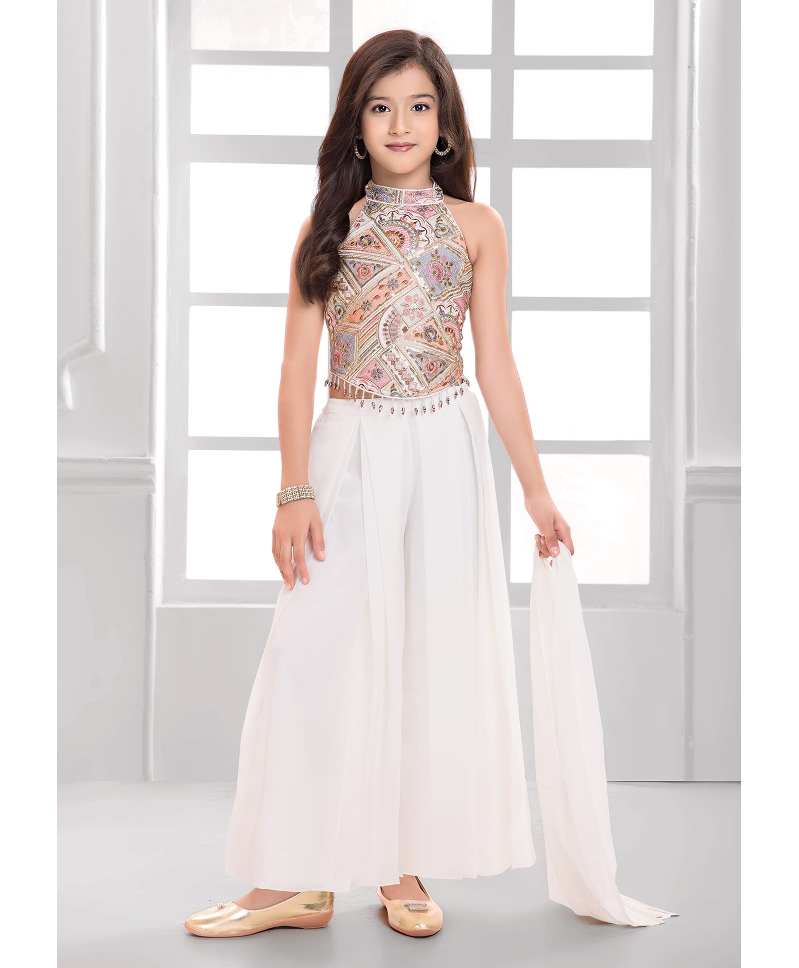 Ministitch Cotton Silk Woven Sequins Embellished Floral Embroidered Top & Solid Palazzo Set With Dupatta - Offwhite-image-32
