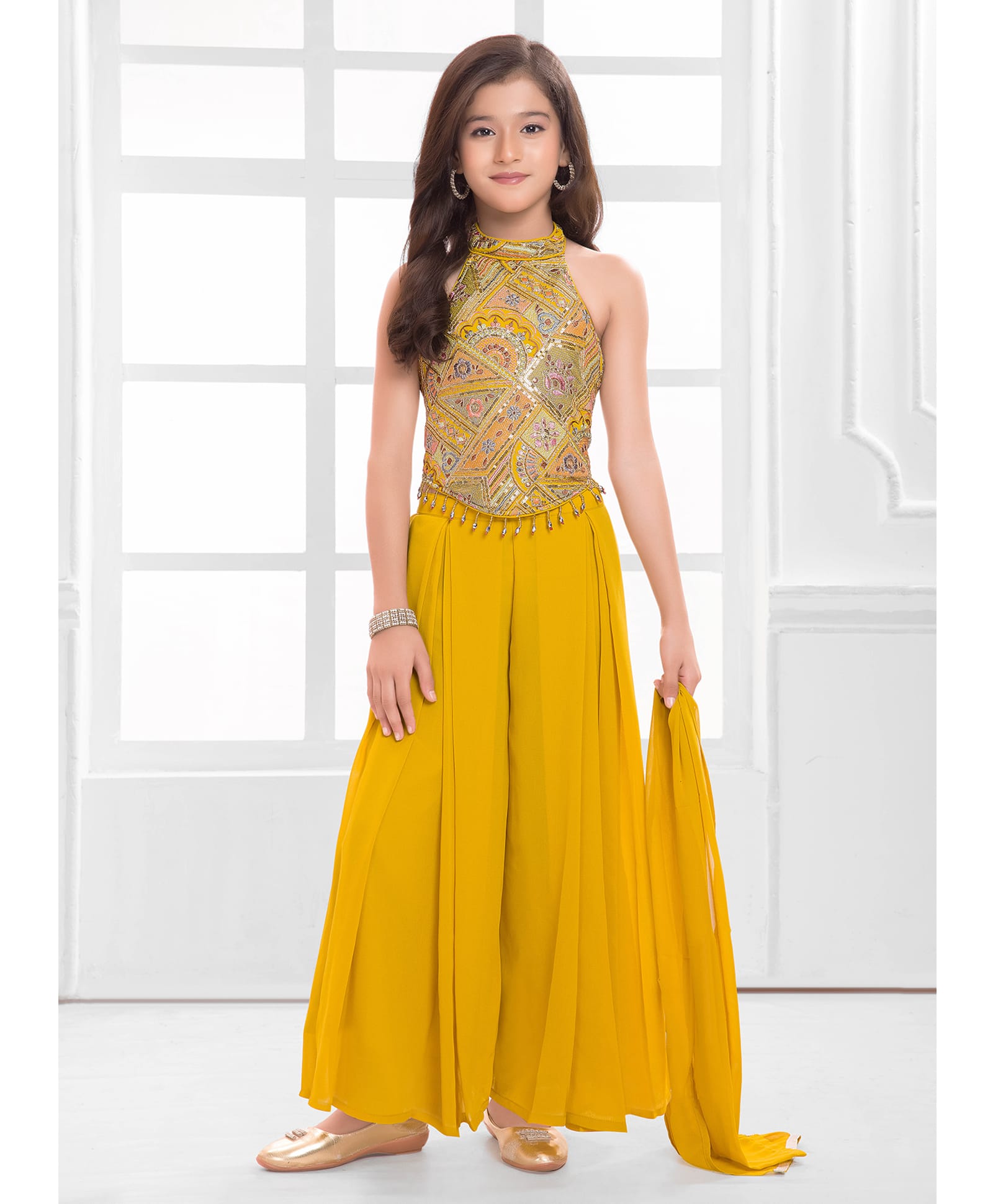 Ministitch Cotton Silk Woven Sequins Embellished Floral Embroidered Top & Solid Palazzo Set With Dupatta - Mustard Yellow-image-34