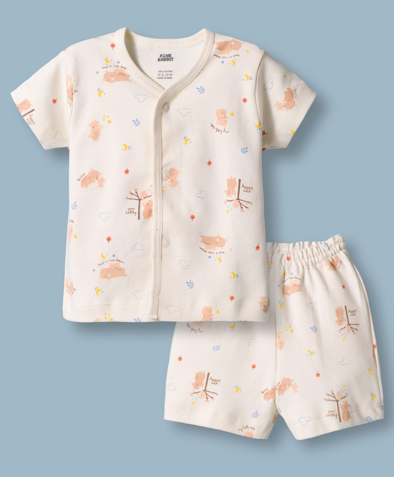 Pink Rabbit Interlock Knit Half Sleeves Co-ords T-Shirt & Shorts Night Suit with Jungle Theme Print - Cream-image-27