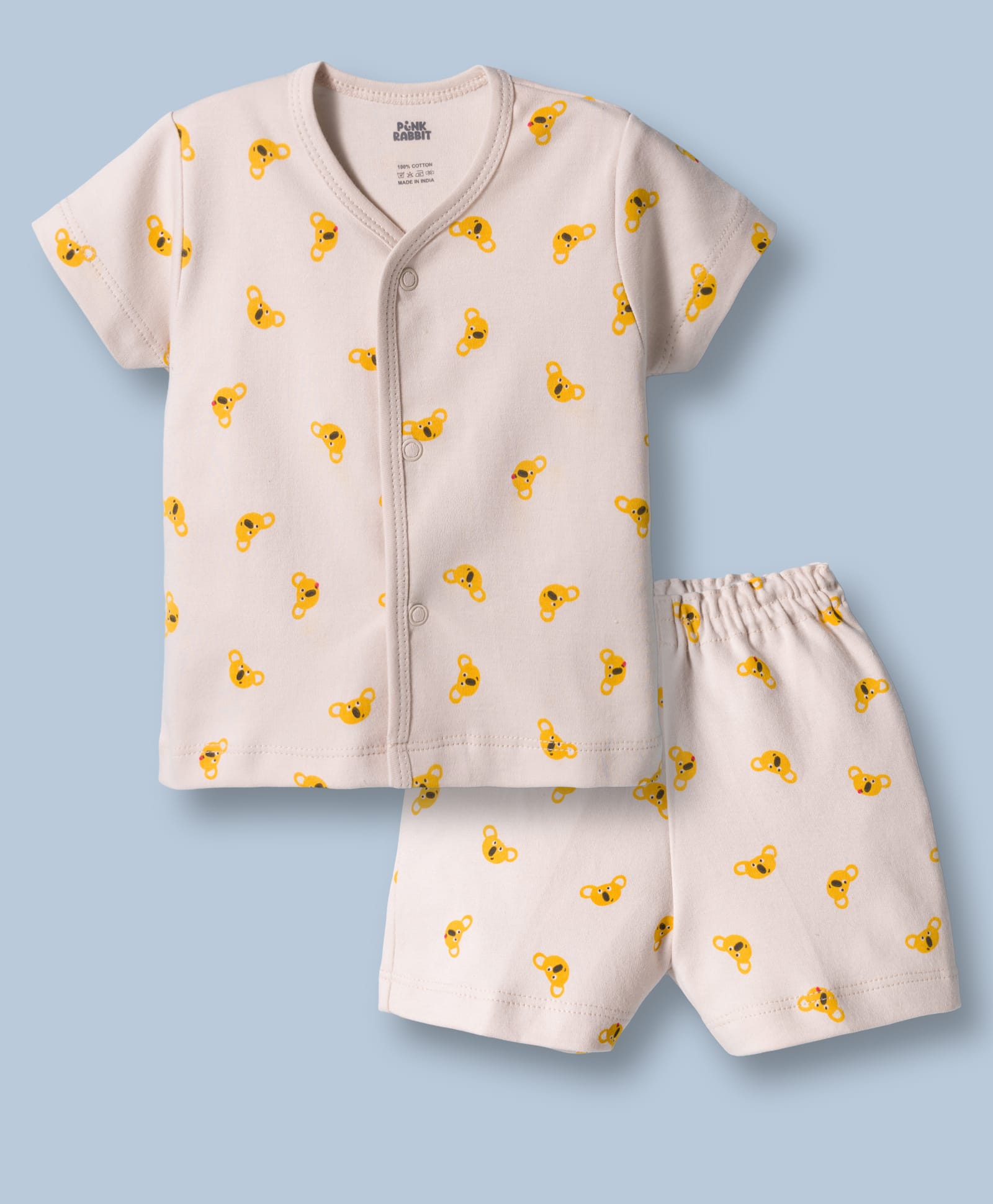 Pink Rabbit Interlock Knit Half Sleeves Co-ords T-Shirt & Shorts Night Suit with Cola Bear Print - Grey-image-34