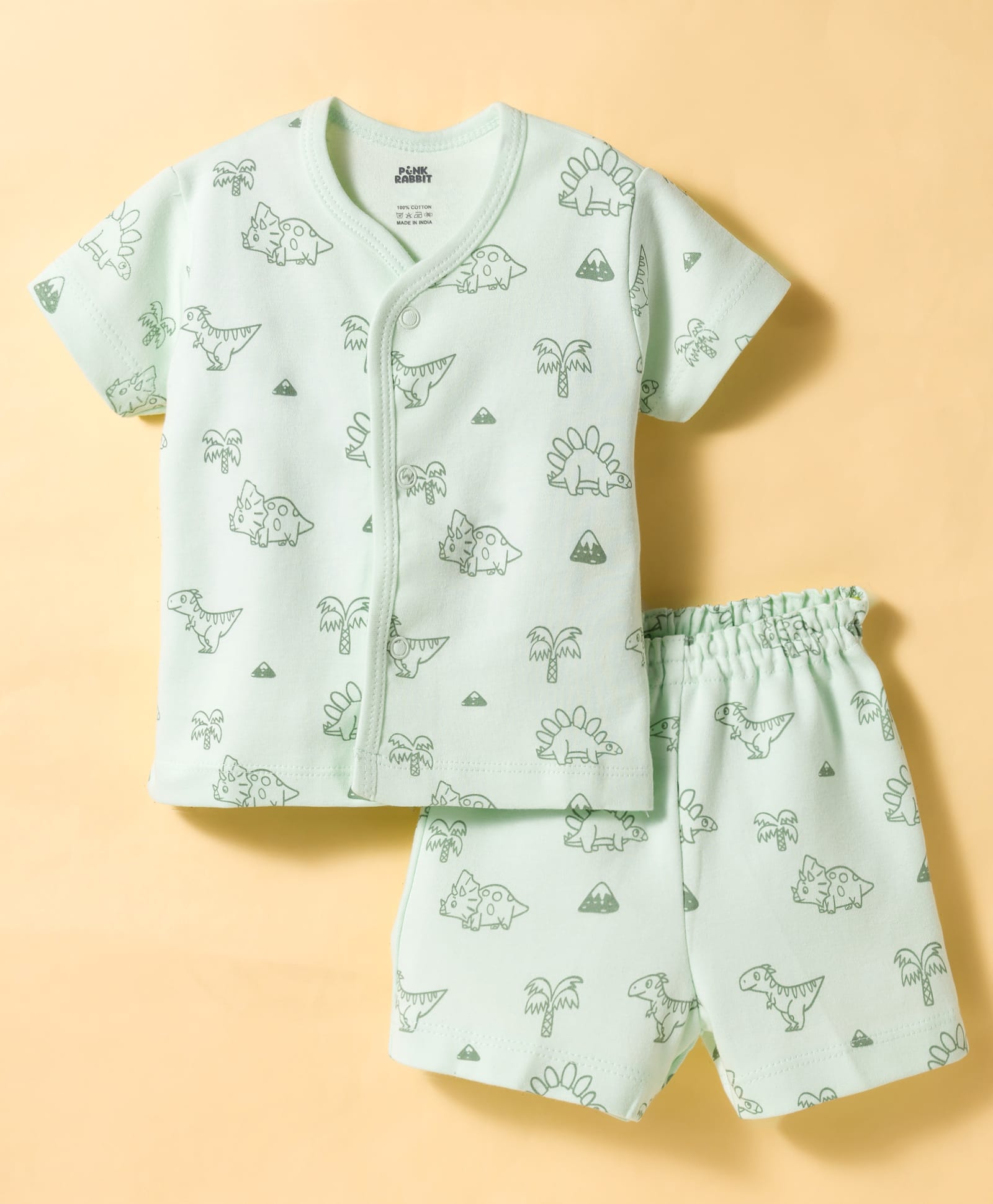 Pink Rabbit Interlock Knit Half Sleeves Co-ords T-Shirt & Shorts Night Suit with Jungle Theme Print - Sea Green-image-35