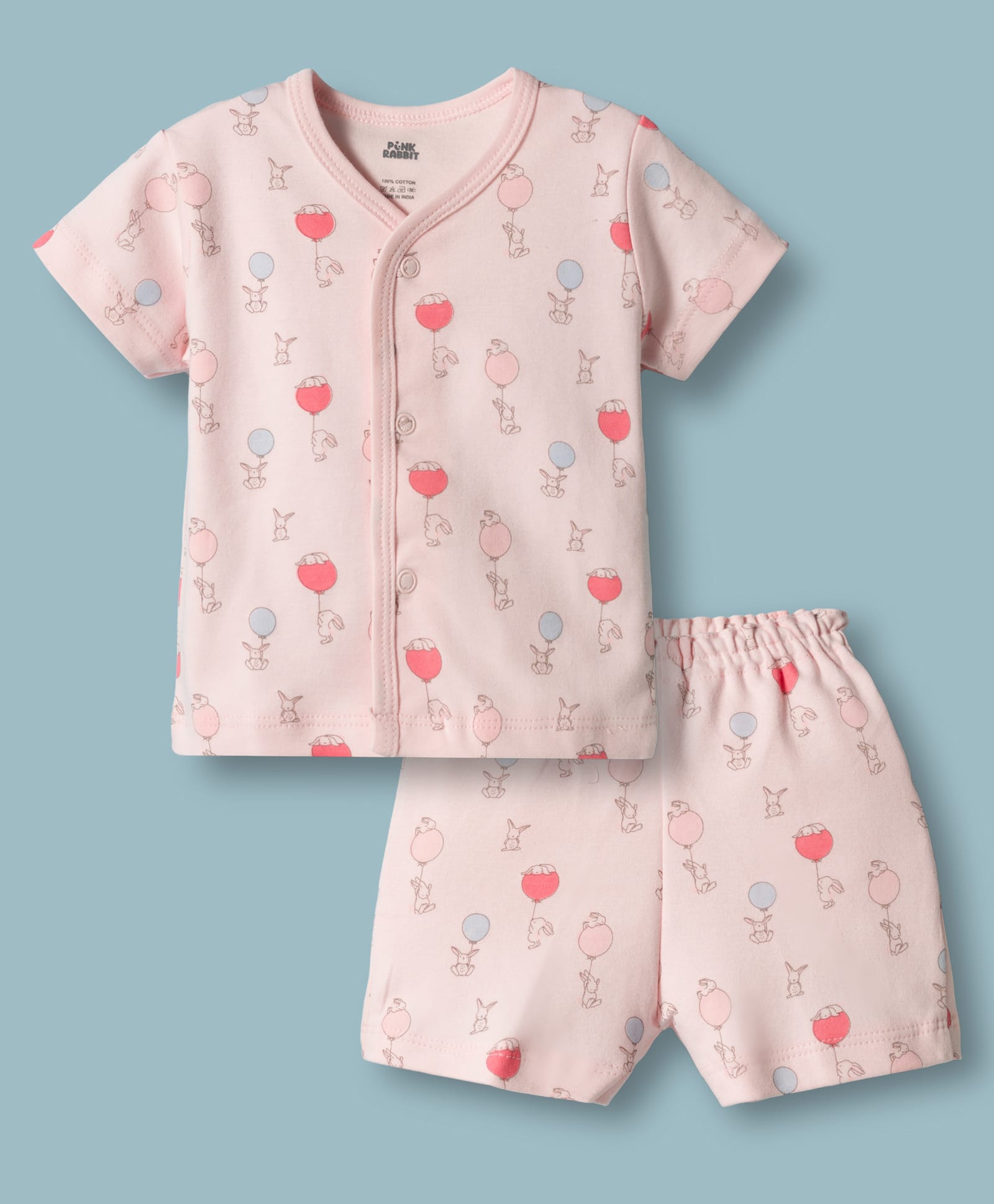 Pink Rabbit Interlock Knit Half Sleeves Bunny Printed Co-Ords T-Shirt & Shorts Night Suit - Peach-picture-47