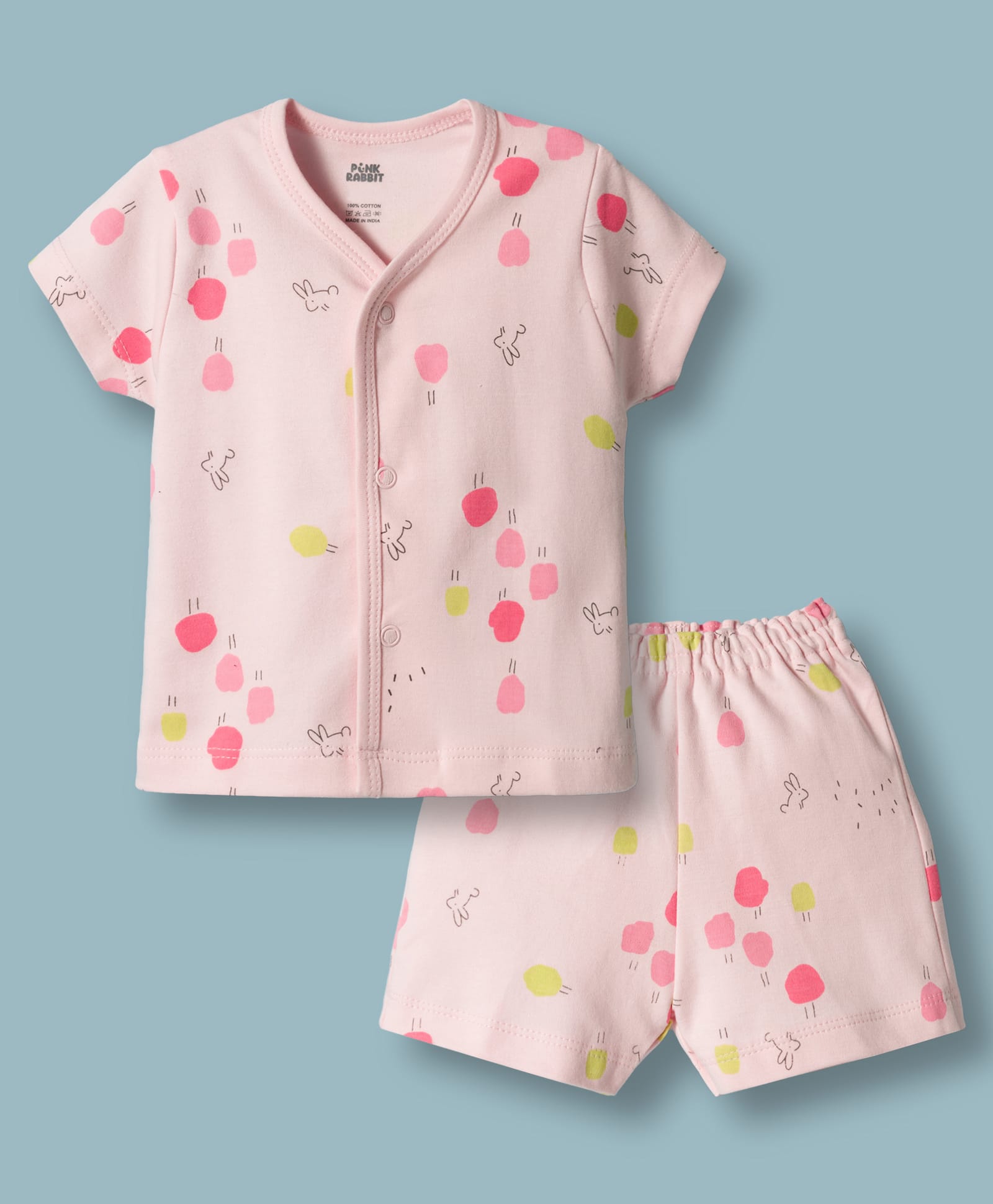 Pink Rabbit Interlock Knit Half Sleeves Bunny Printed Co-Ords T-Shirt & Shorts Night Suit - Light Pink-image-39