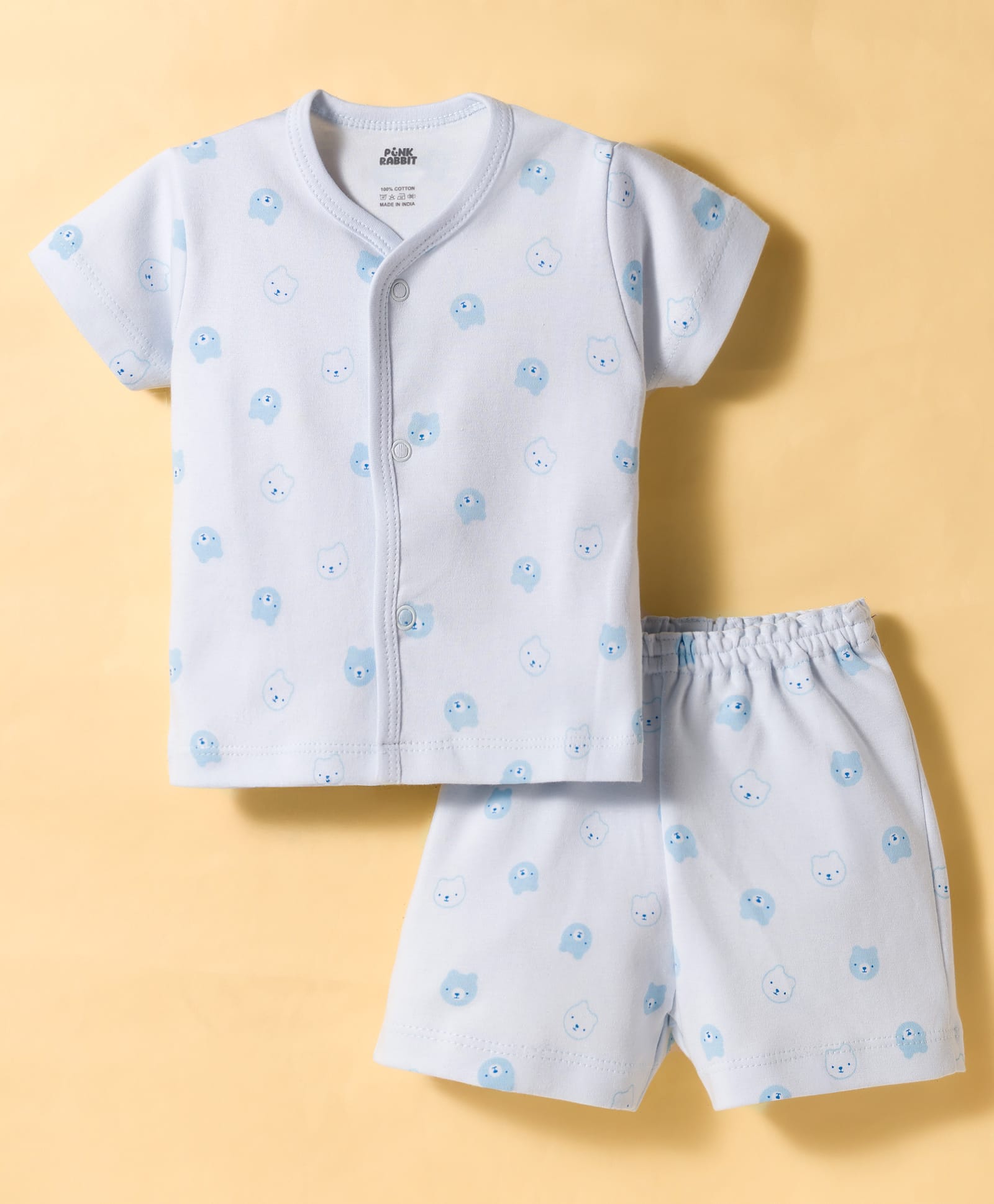 Pink Rabbit Interlock Knit Half Sleeves Co-ords T-Shirt & Shorts Night Suit with Bear Print - Sky Blue-picture-38