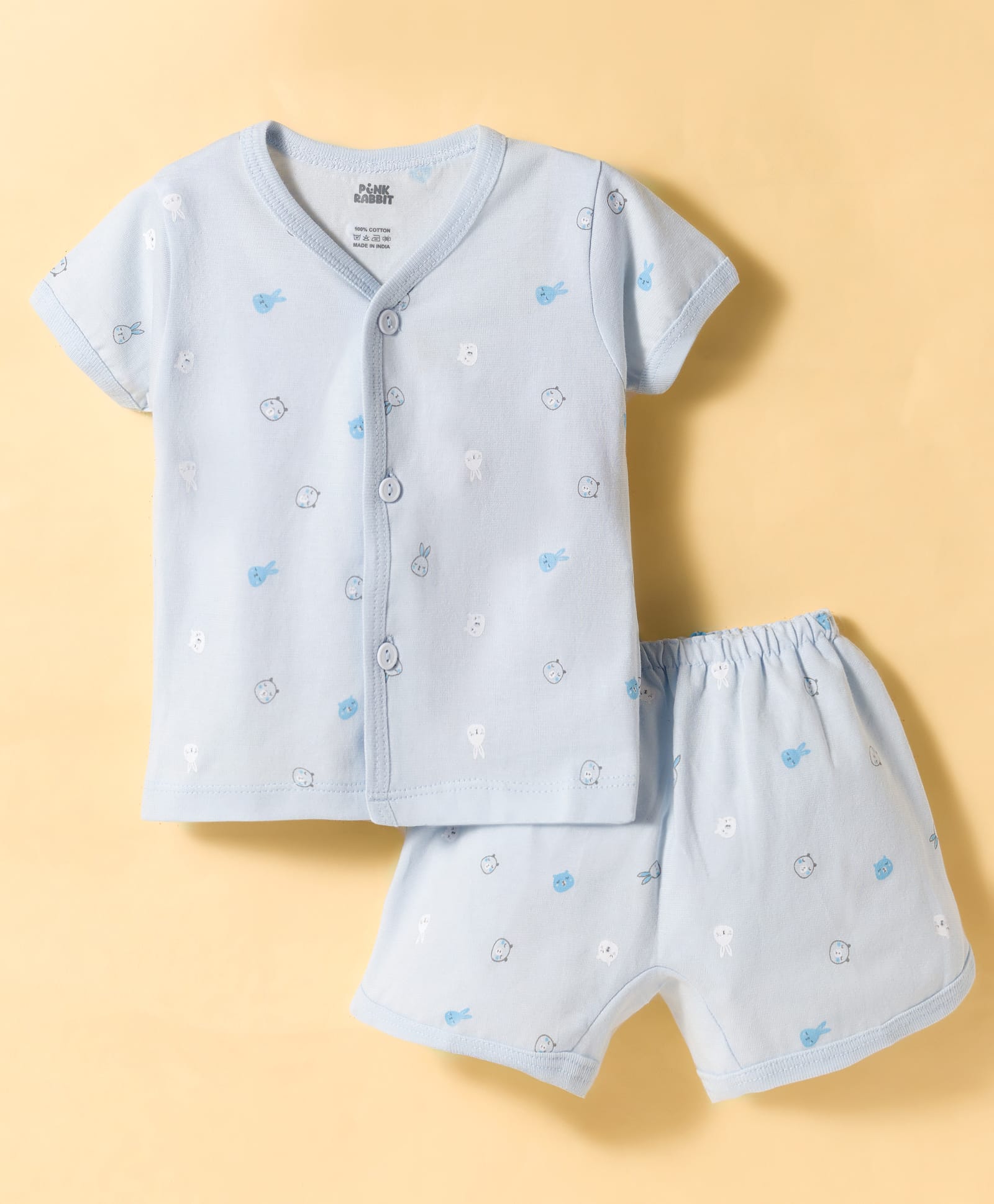 Pink Rabbit Interlock Knit Half Sleeves Co-ords T-Shirt & Shorts Night Suit with Bunny Print - Light Blue-picture-12