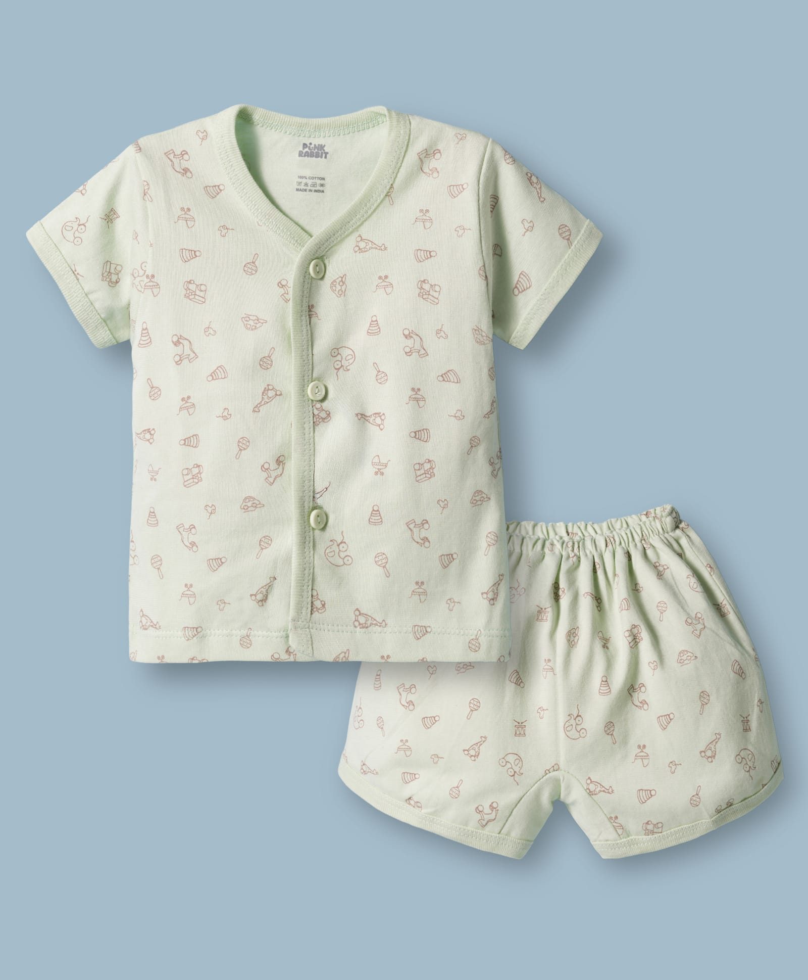 Pink Rabbit Interlock Knit Half Sleeves Toys Printed Co-Ords T-Shirt & Shorts Night Suit - Light Green-picture-13