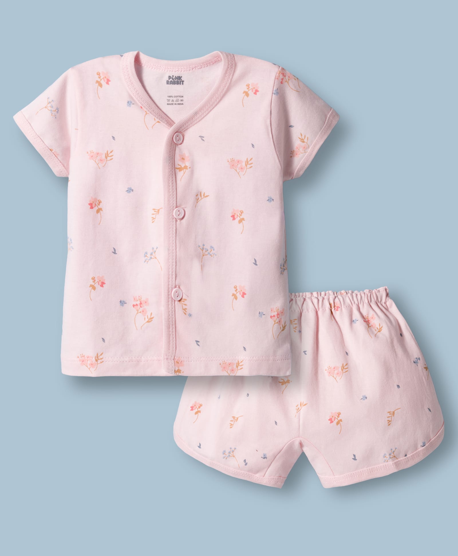 Pink Rabbit Interlock Knit Half Sleeves Floral Printed Co-Ords T-Shirt & Shorts Night Suit - Light Pink-image-38