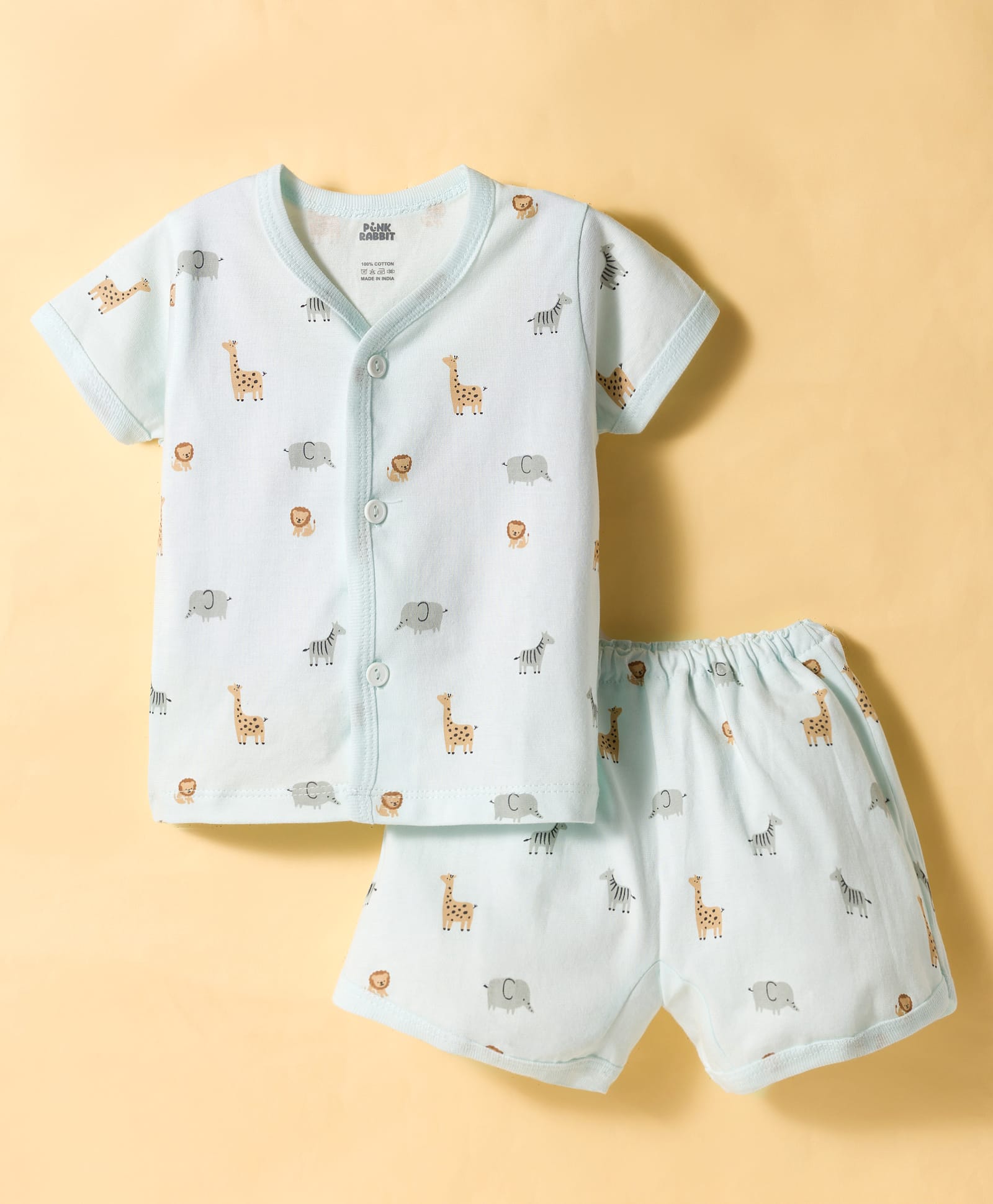 Pink Rabbit Interlock Knit Half Sleeves Co-ords T-Shirt & Shorts Night Suit with Animal Print - Sky Blue-picture-27