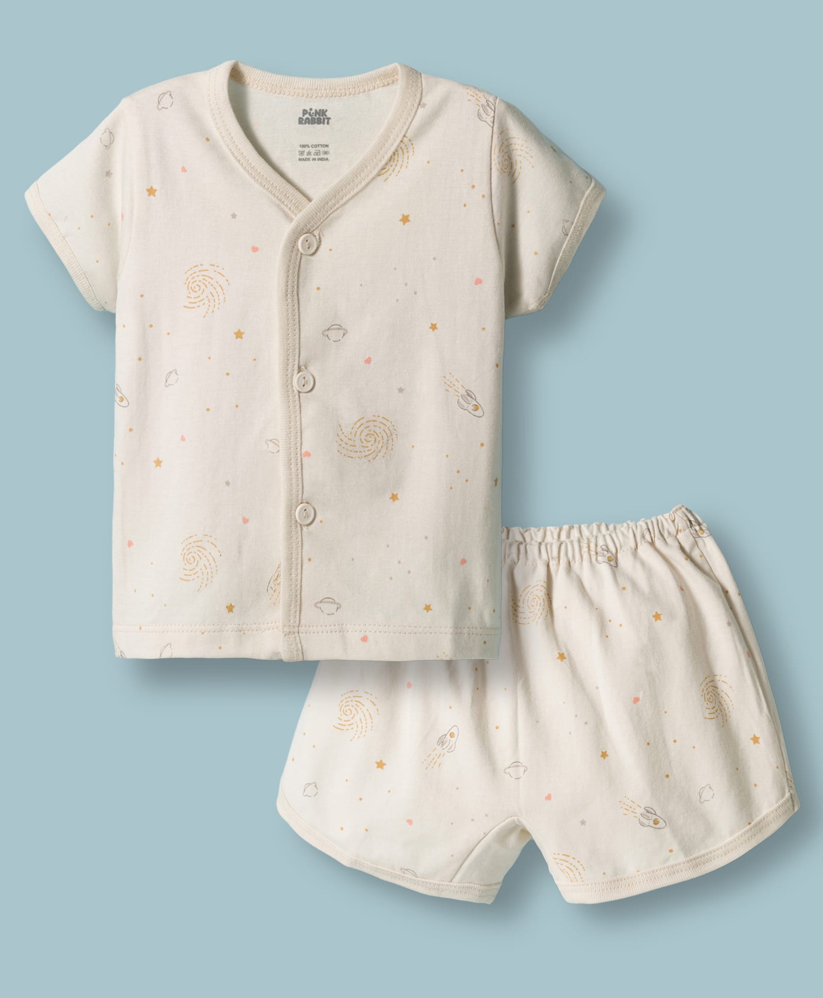 Pink Rabbit Interlock Knit Half Sleeves Space Theme Printed Co-Ords T-Shirt & Shorts Night Suit - Offwhite-picture-30