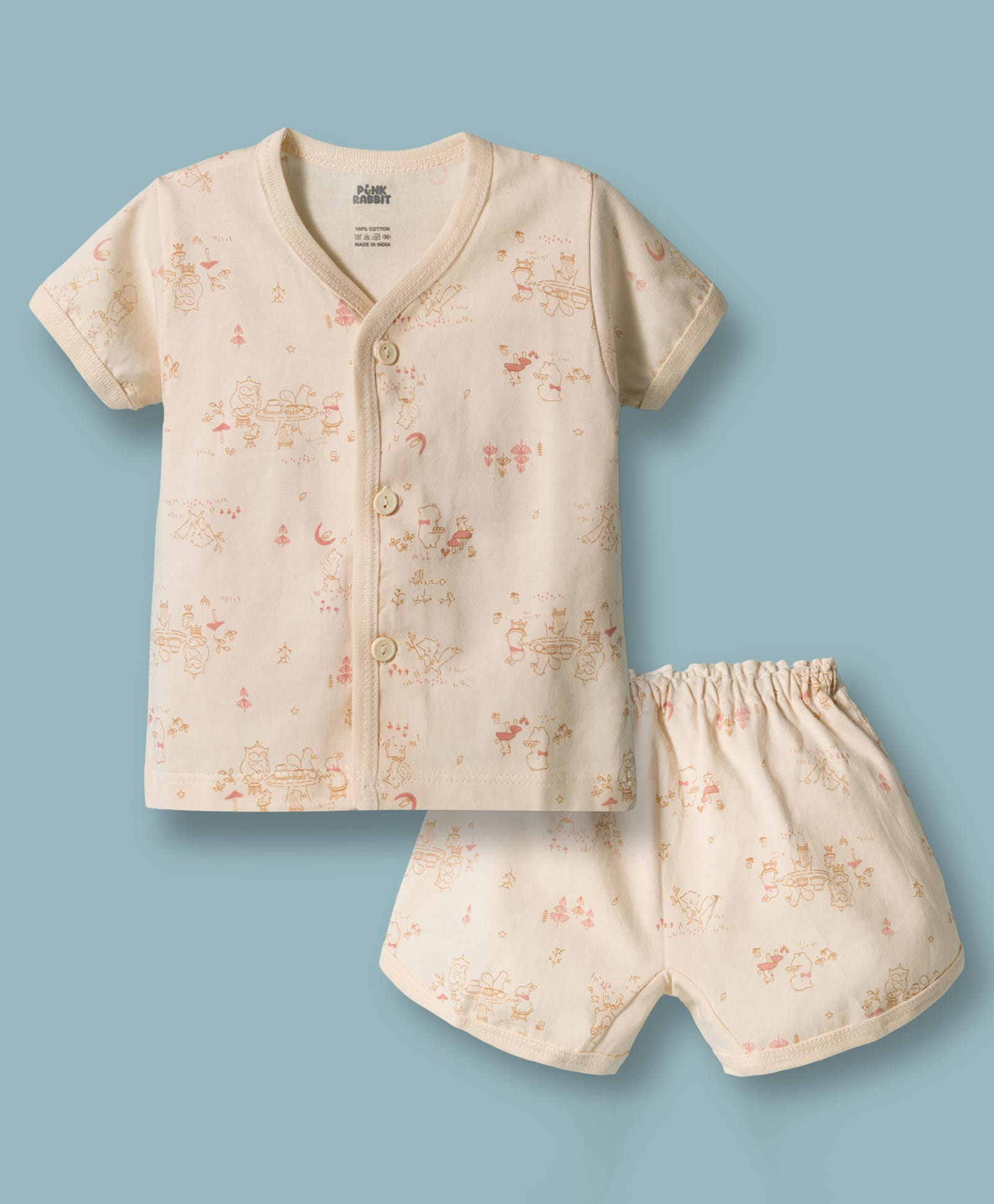 Pink Rabbit Interlock Knit Half Sleeves Animal Printed Co-Ords T-Shirt & Shorts Night Suit - Peach-picture-35