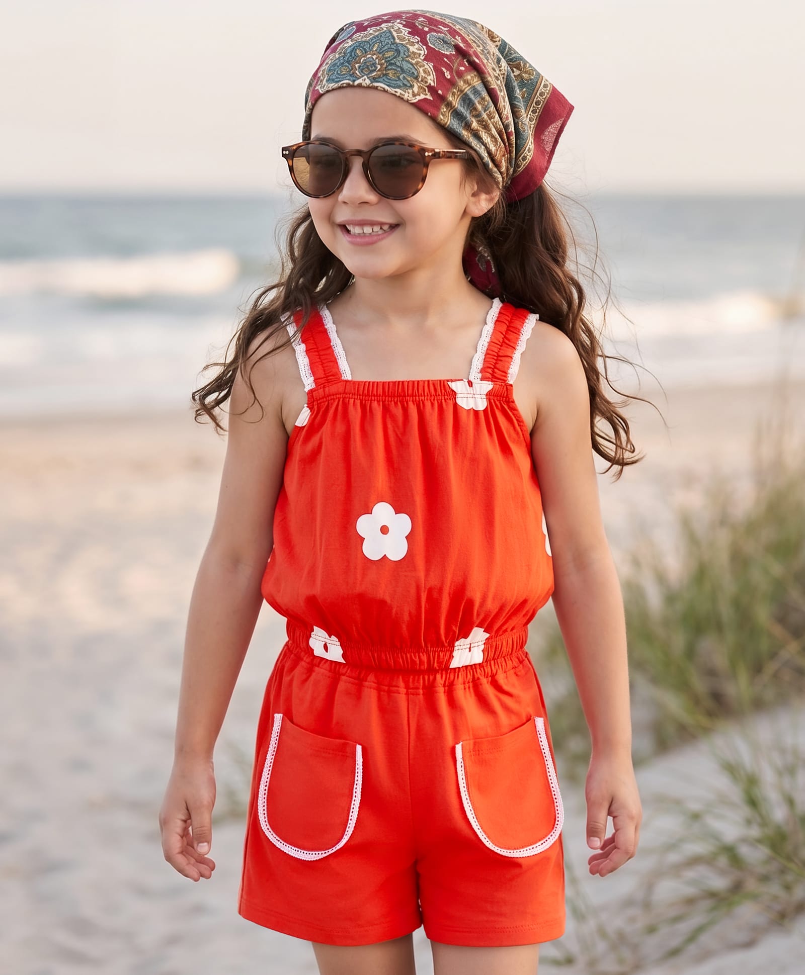 OLLINGTON ST. Cotton Knit Sleeveless Floral Printed Top & Shorts Set - Red-picture-20