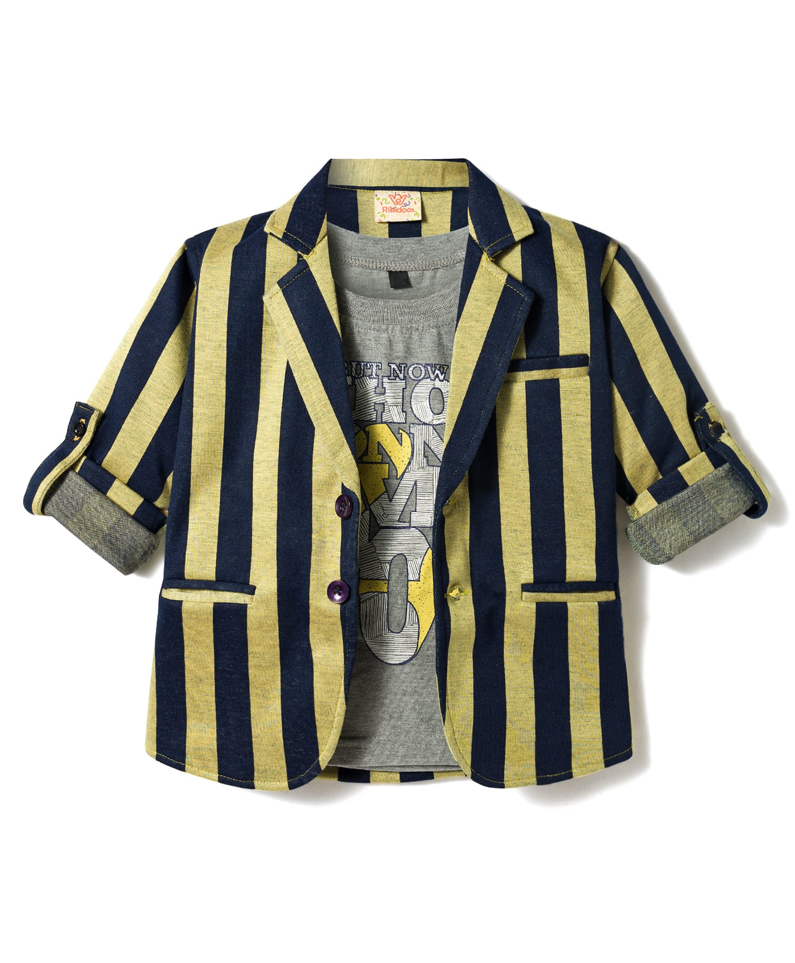 Rikidoos Embosis Hosiery Woven Full Sleeves Striped Party Blazer with Text Printed T-Shirt - Yellow-picture-24
