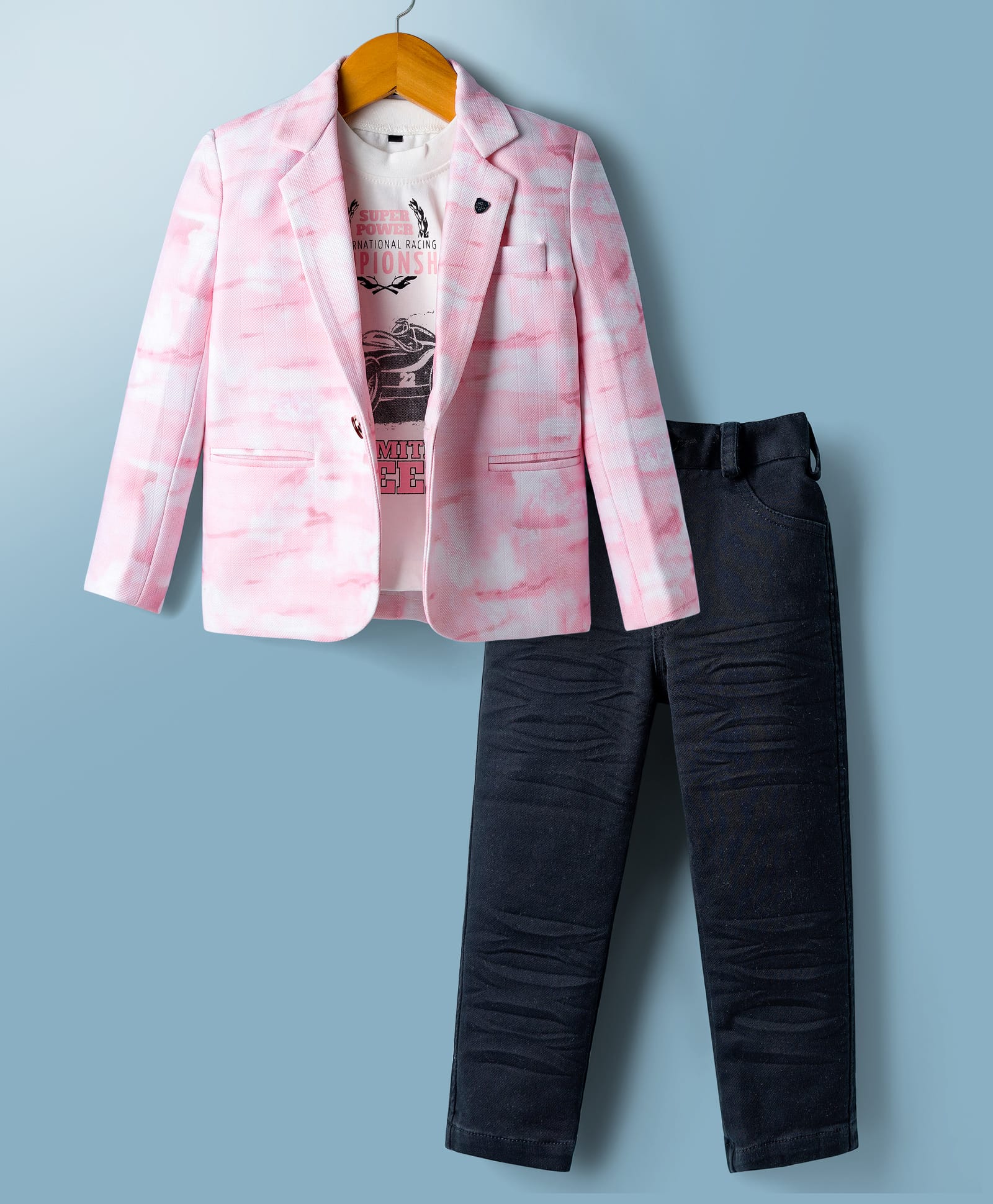 Rikidoos Cotton Woven Full Sleeves Text Printed T-Shirt & Trouser Set with Blazer - Light Pink-picture-16