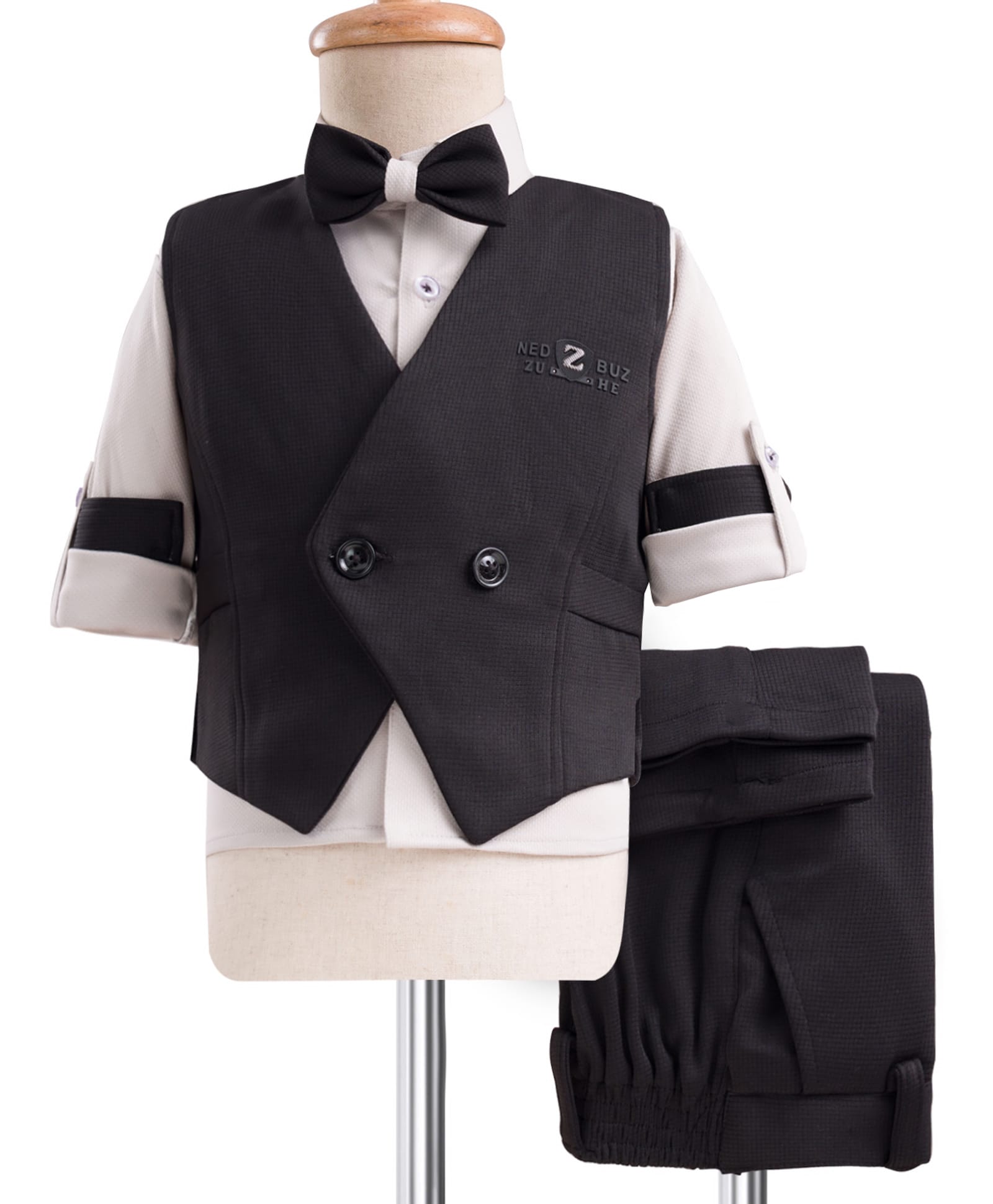 Rikidoos Cotton Woven Full Sleeves Solid Colour 3 Piece Party Suit with Bow - Black & Grey-picture-31