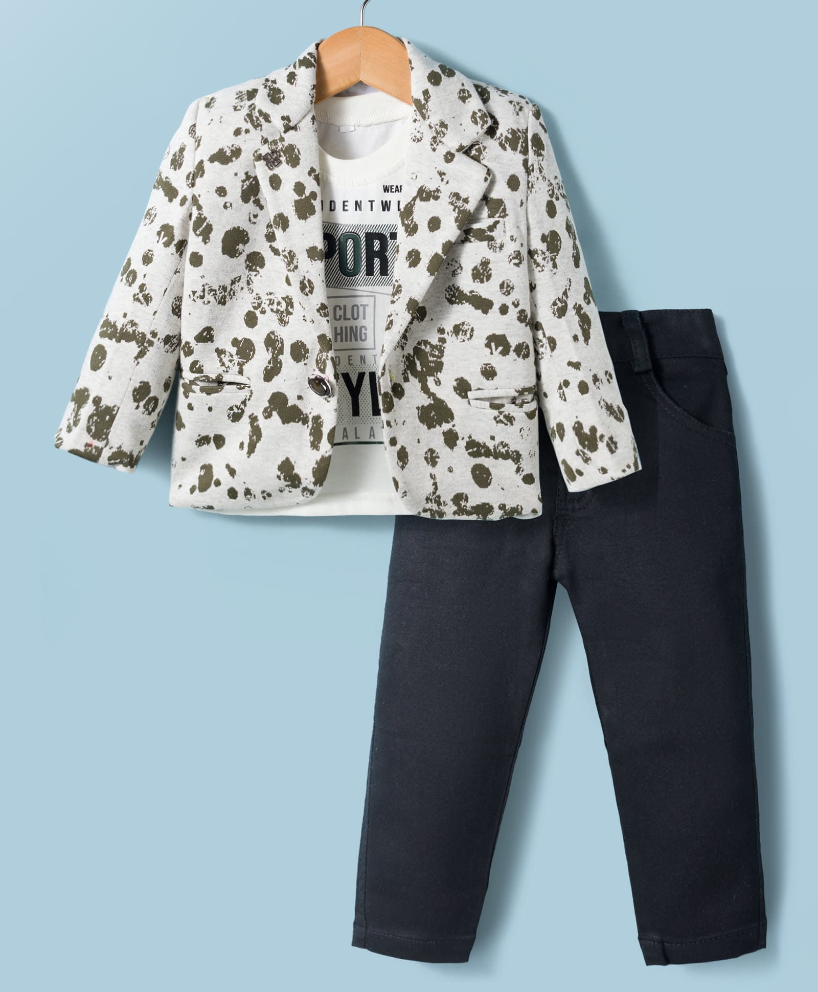 Rikidoos Embosis Hosiery Woven Full Sleeves Text Party Printed T-Shirt & Trouser Set with Blazer - Grey & Black-picture-23