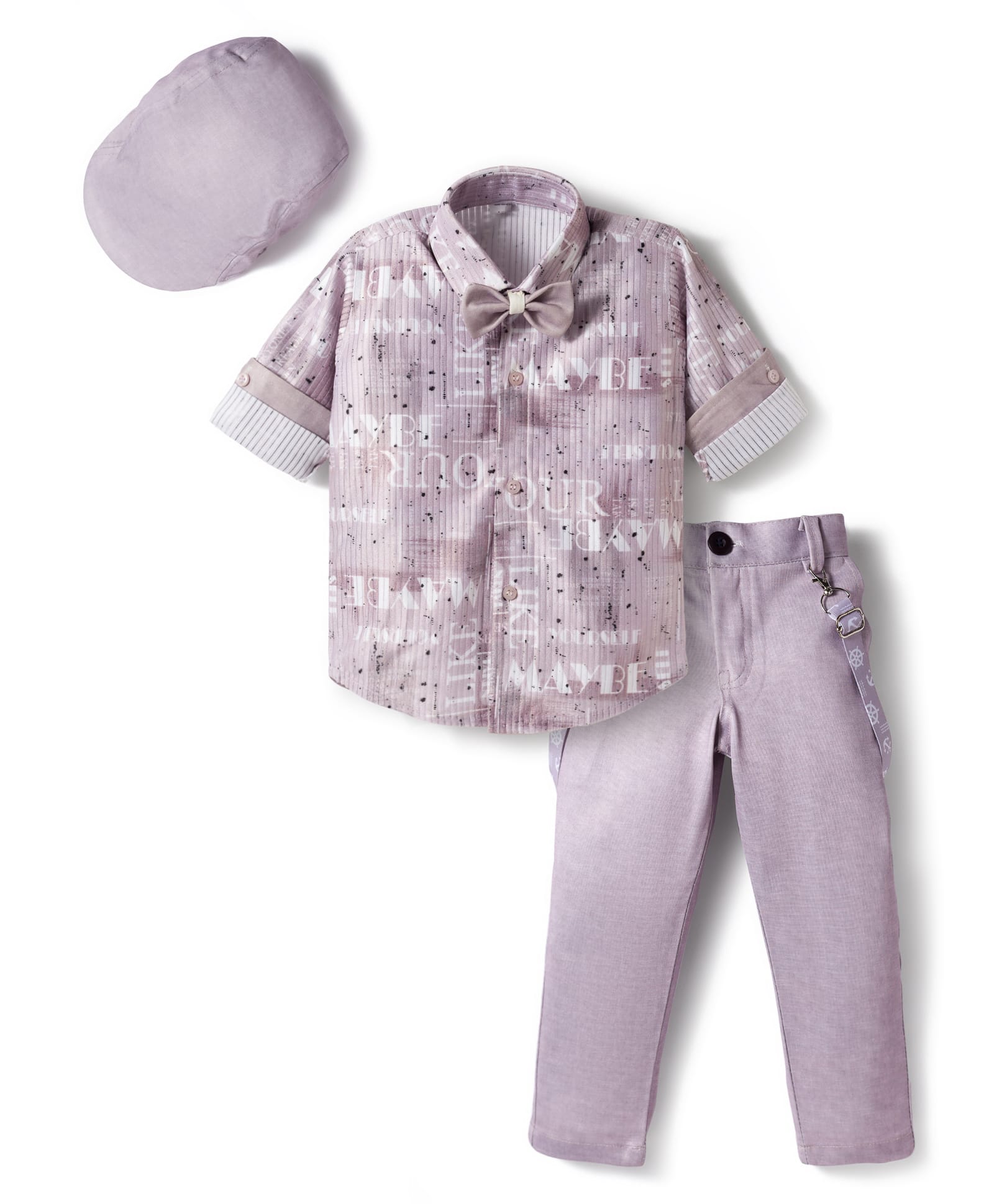 Rikidoos Cotton Woven Full Sleeves Text Printed Party Shirt & Trouser Set with Cap Bow & Suspender - Lilac-image-9