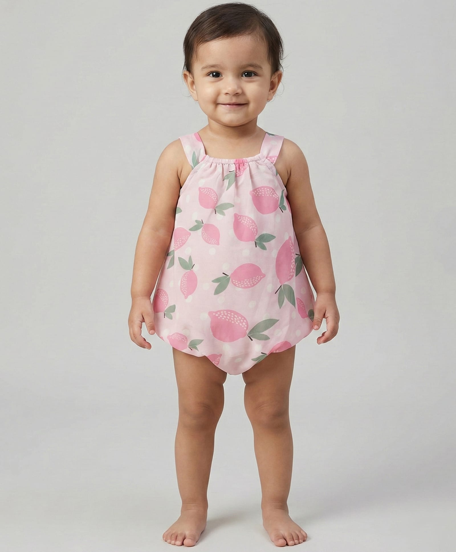 Creative Kids Georgette Woven Sleeveless Lemon Printed Onesie - Pink & Green-picture-0