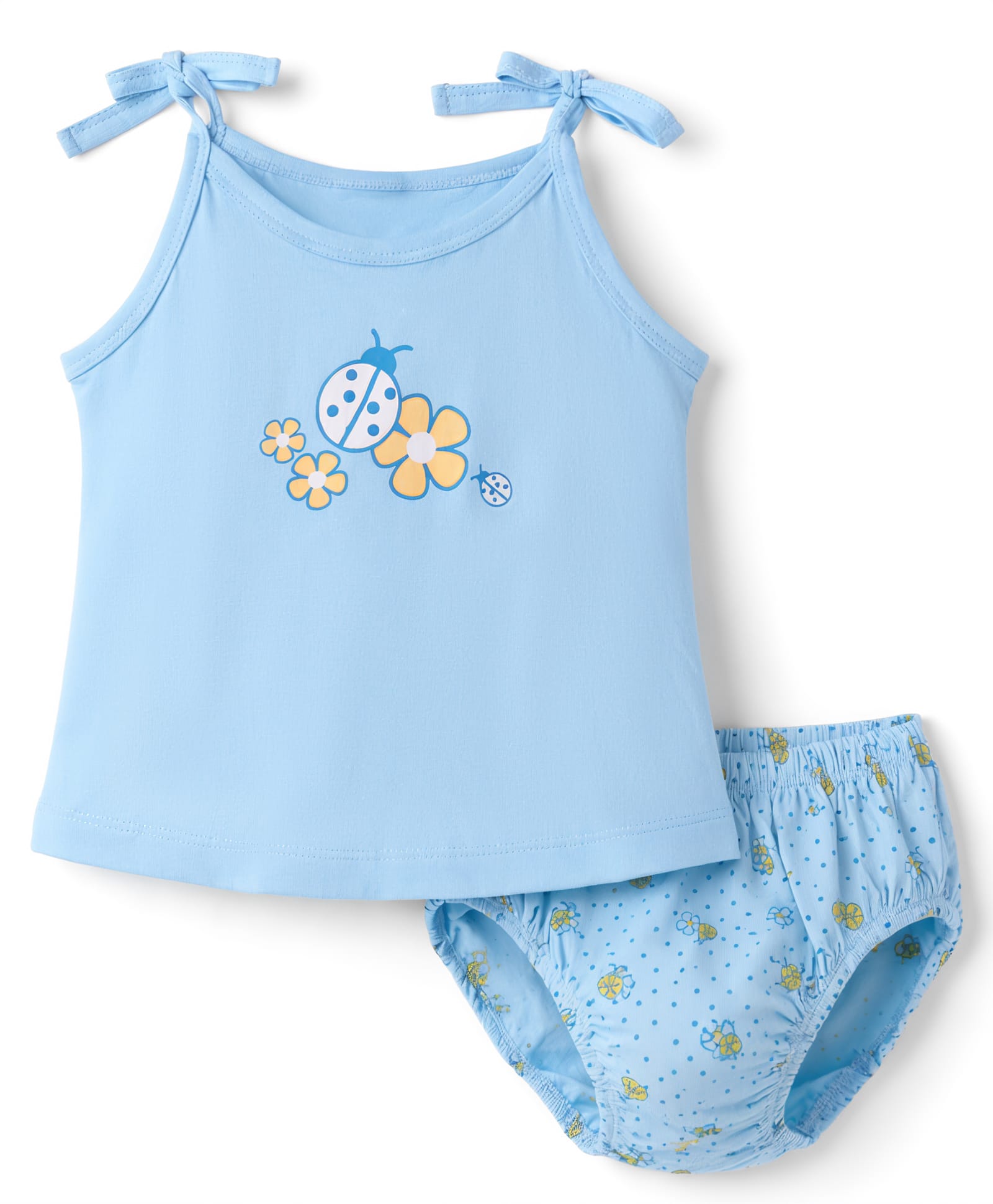 Tango Single Jersey Knit Sleeveless Slip & Panty Innerwear Set With Floral Print - Blue-image-4